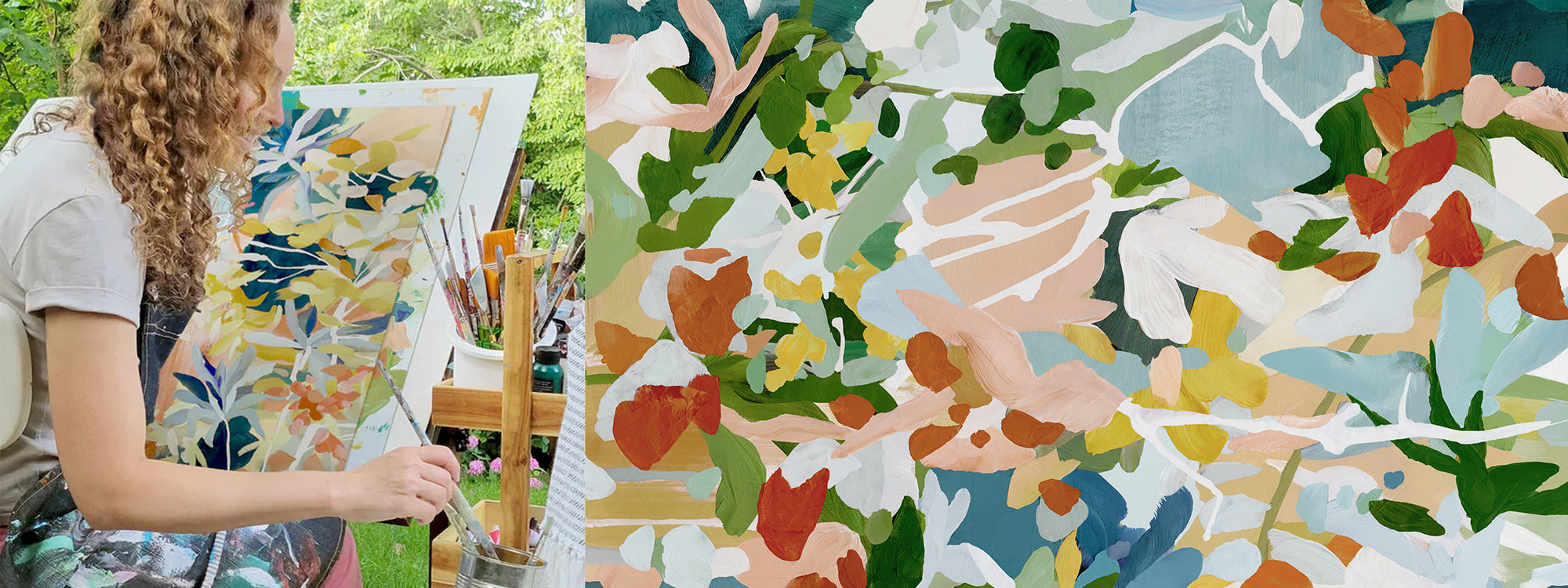 The artist painting a colorful floral abstract painting outdoors.