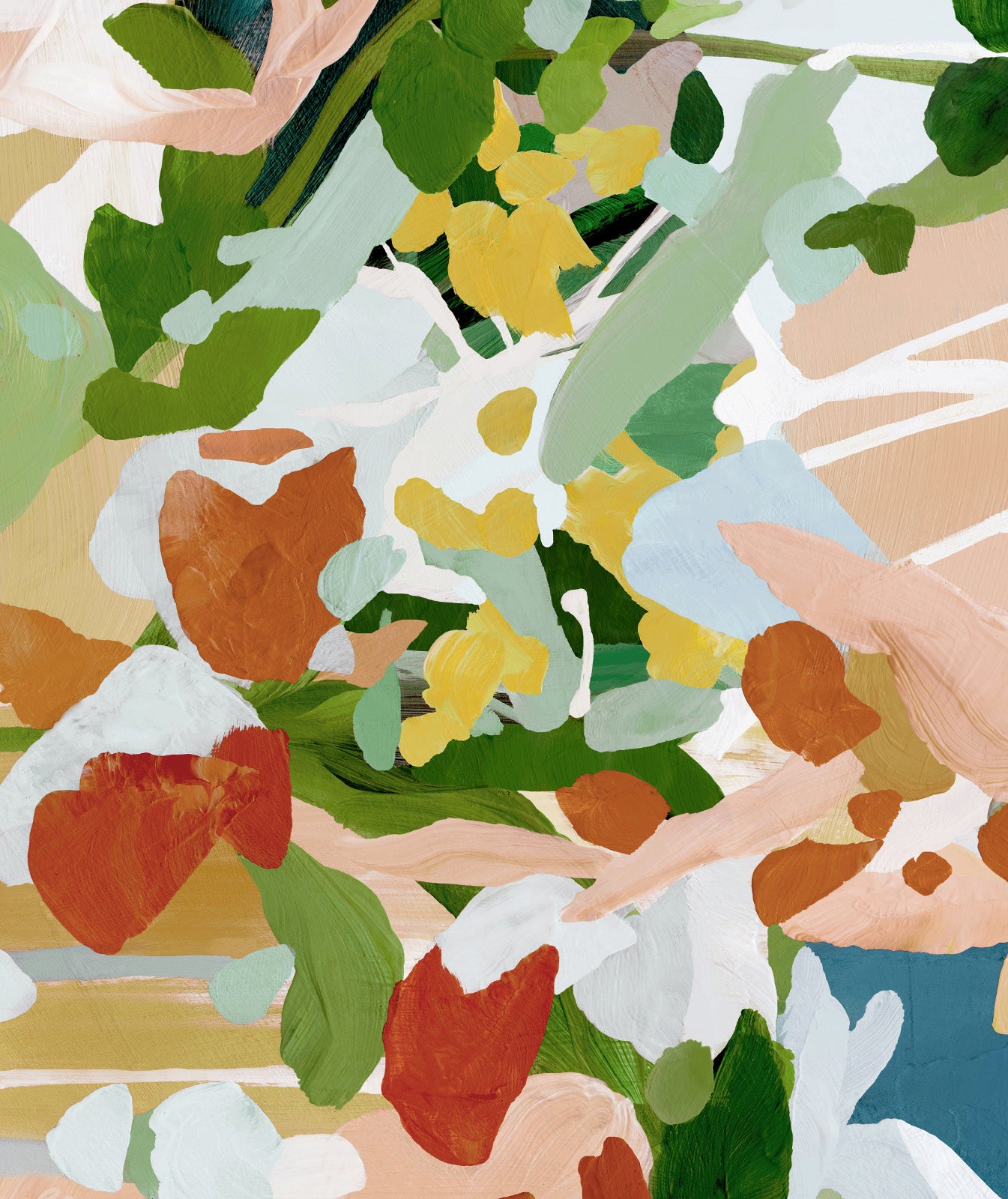 Close-up view of colorful abstract floral art print in reds, greens, blues, yellow, and pinks.