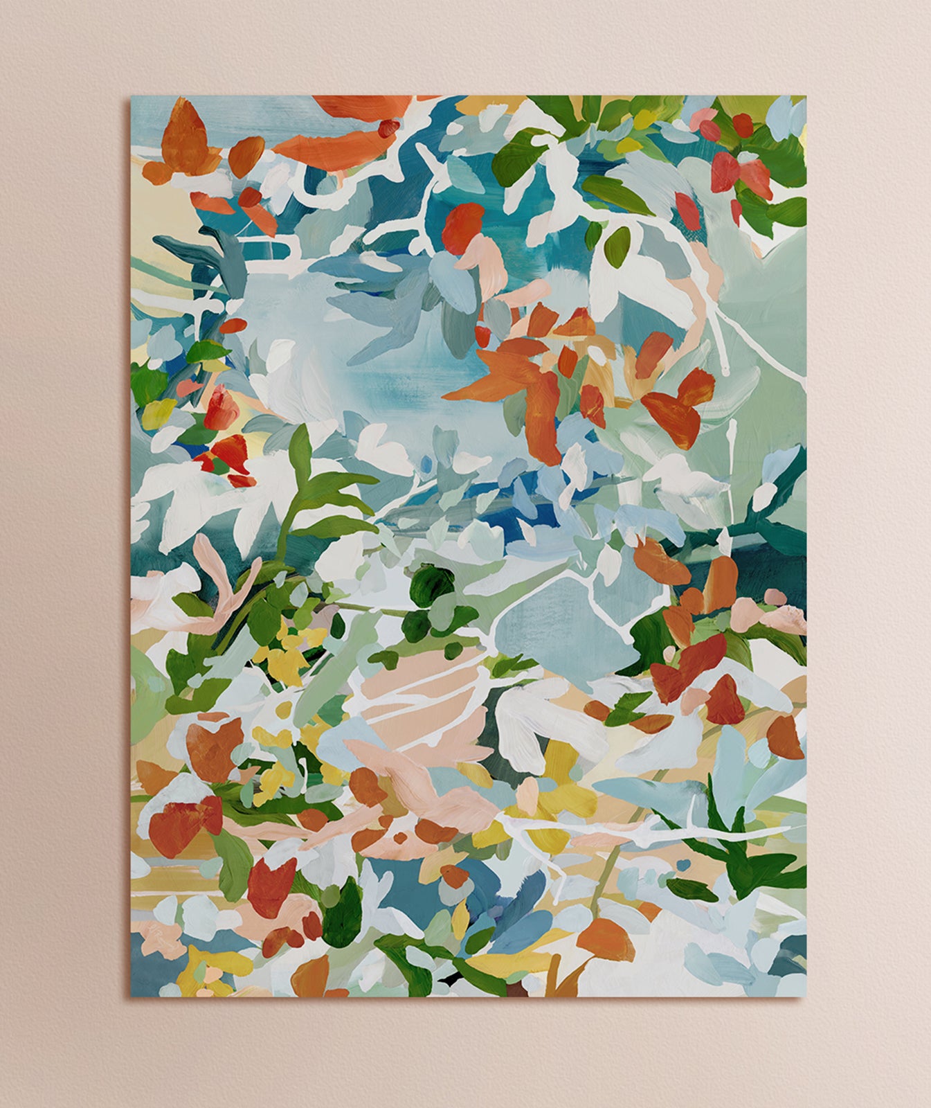 Colorful large abstract floral art print in reds, greens, blues, yellow, and pinks on a solid background.