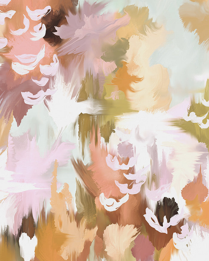 A close-up view of abstract art in orange, pink, mauve and green hues.