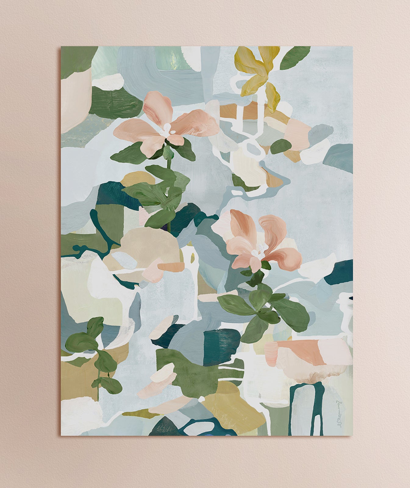 A fine art print featuring abstract floral forms in pink and blue gray colors on a solid background.