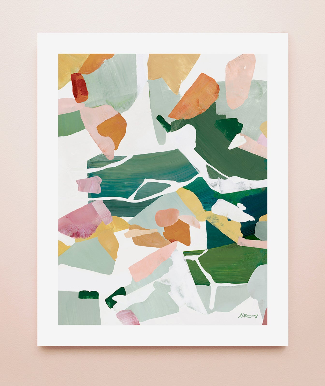 Abstract art print in greens, orange, yellows and pink tones on a solid background.