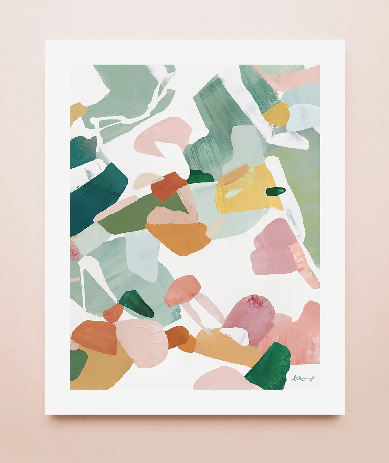 Abstract art print in greens, orange, yellows and pink tones on a solid background.