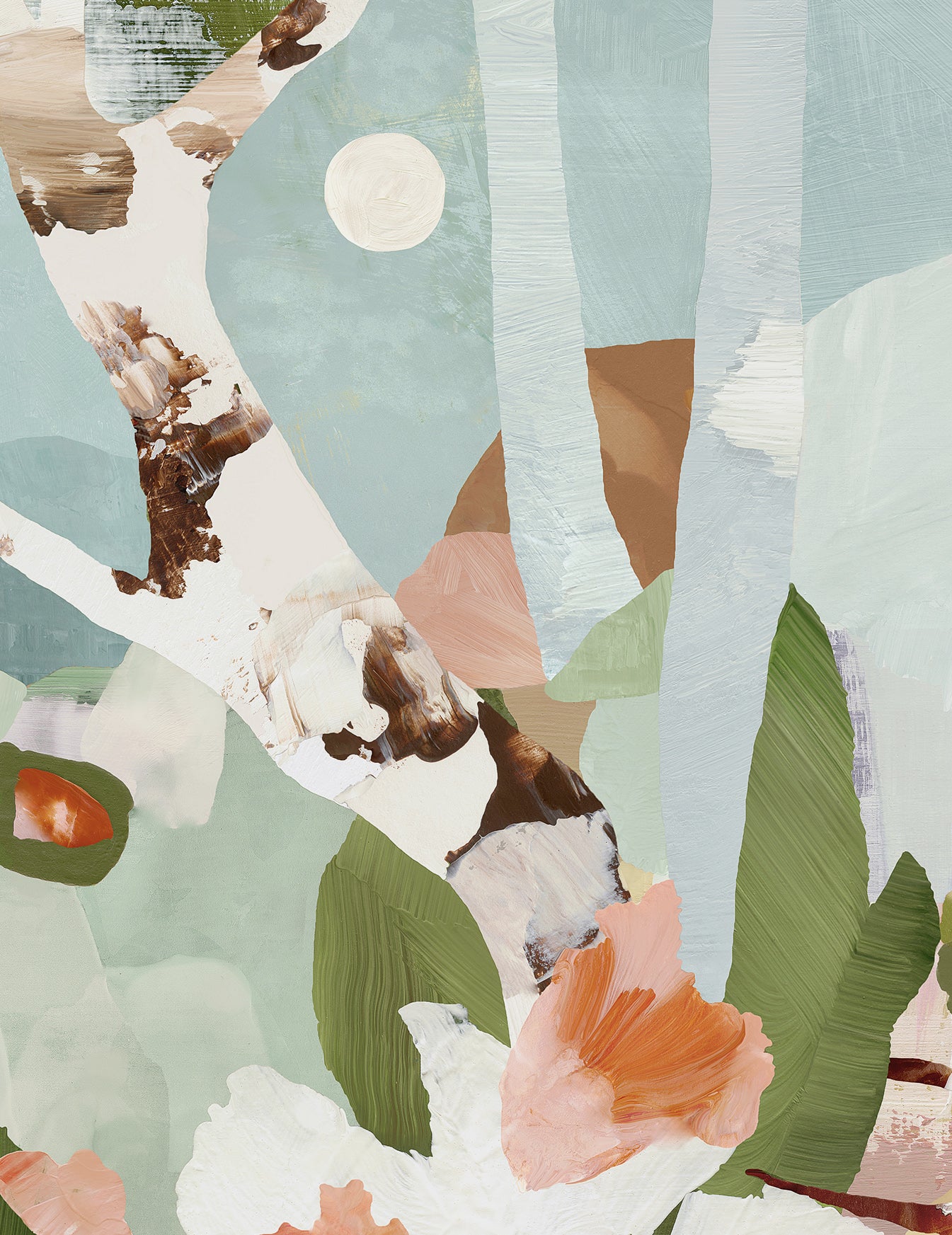 A cropped close-up view of the artwork depicting a semi-abstract a wild garden with white and pink florals, birch tree branches, a full moon in the distance, green leaves, and soft pastel background colors in mint green, muted yellow and light muted blues.