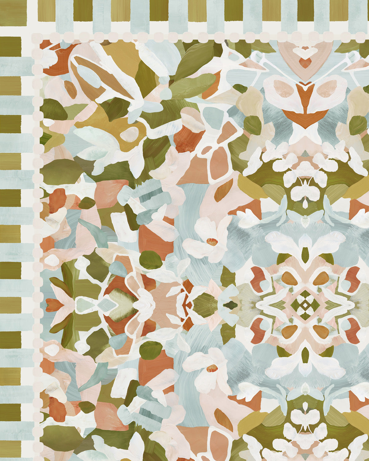 Close-up view of fine art print with an abstract and floral pattern in olive green, light pink, light blue and terracotta tones.