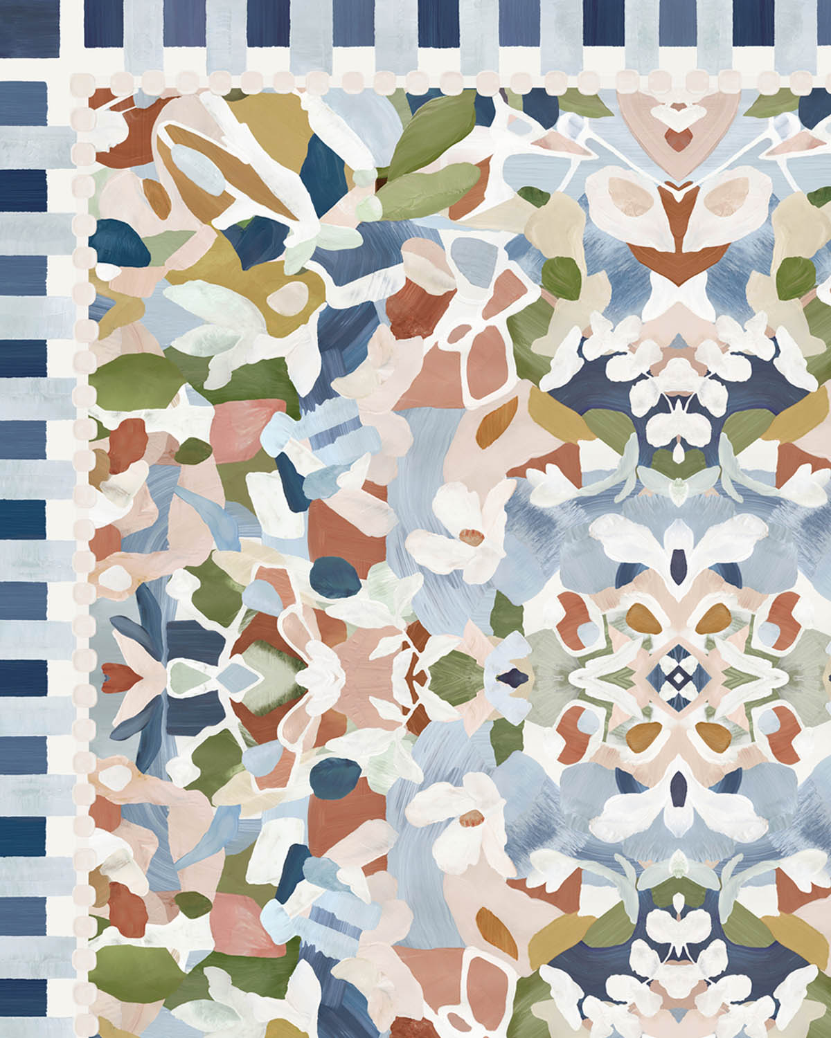 Close-up of abstract and floral art print in blue, light pink, green and terracotta colors.
