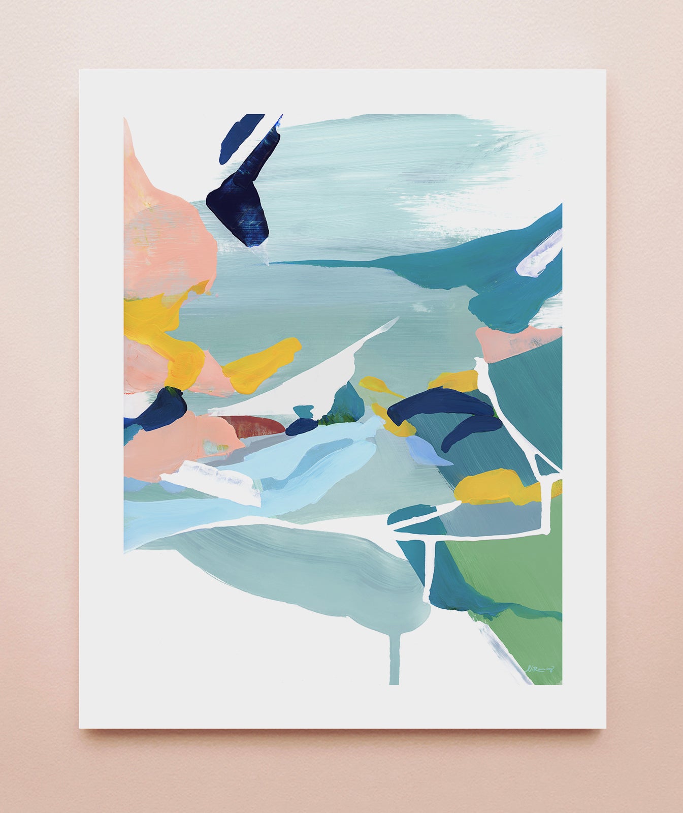 Abstract art print with colorful strokes in light blue, pink, yellow and green on a solid light pink background.