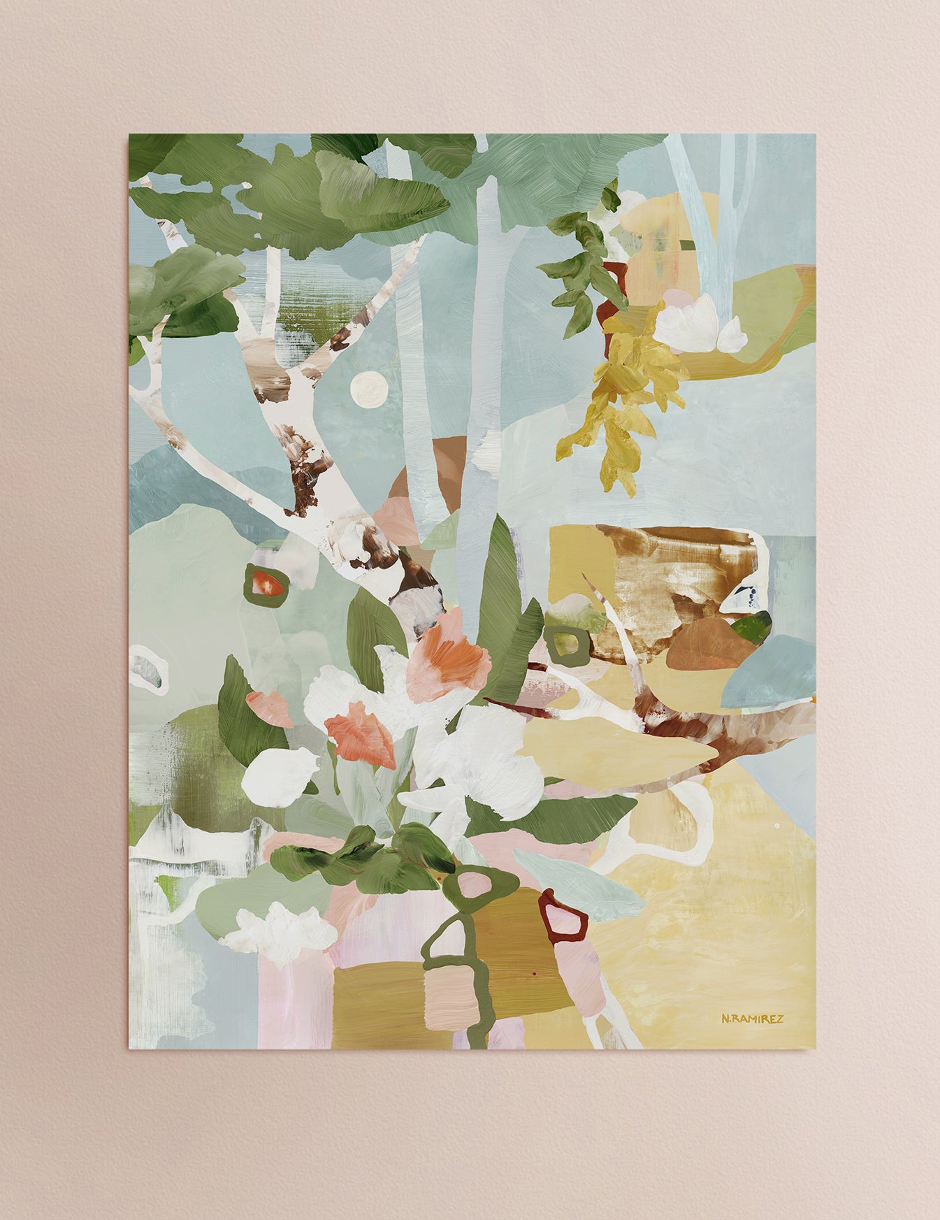 A full view of the artwork on paper titled Evening Hideaway depicting a wild garden with white and pink florals, birch tree branches, a full moon in the distance, green leaves, and soft pastel background colors in mint green, muted yellow, light muted blues displayed against a light pink background.