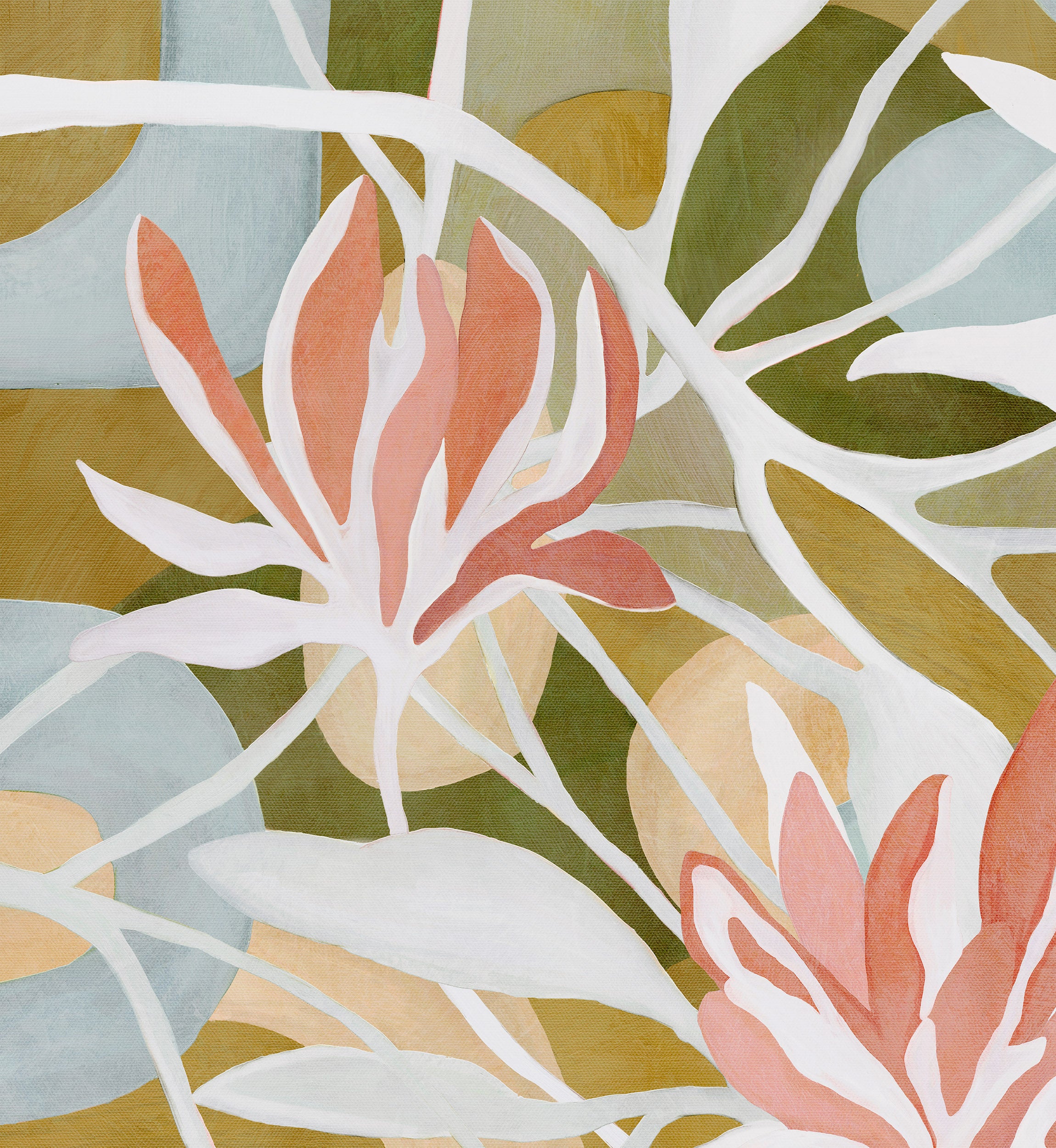 A close-up of a colorful abstract floral design in green, pink and light blue.
