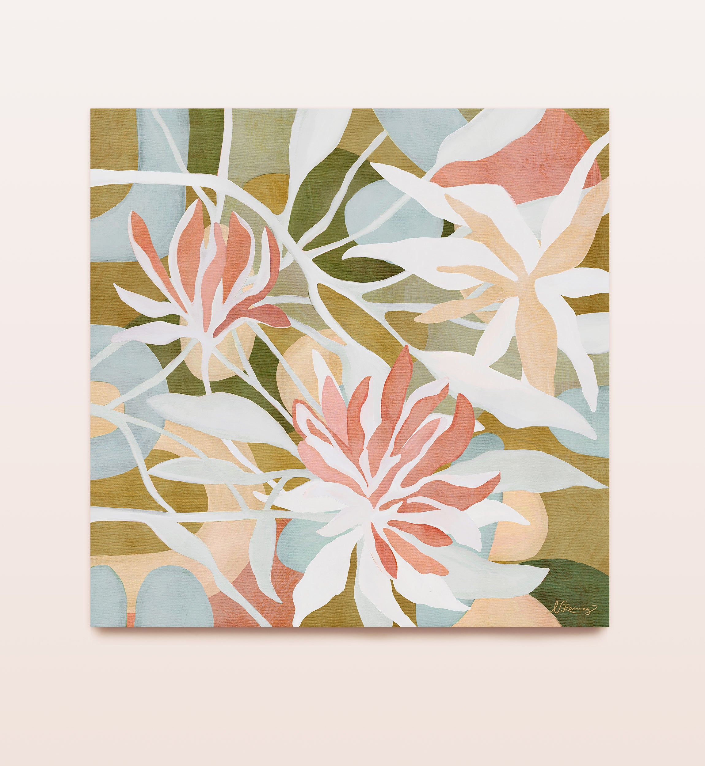 A fine art print with a colorful floral design in green, pink and light blue, displayed against a neutral background.