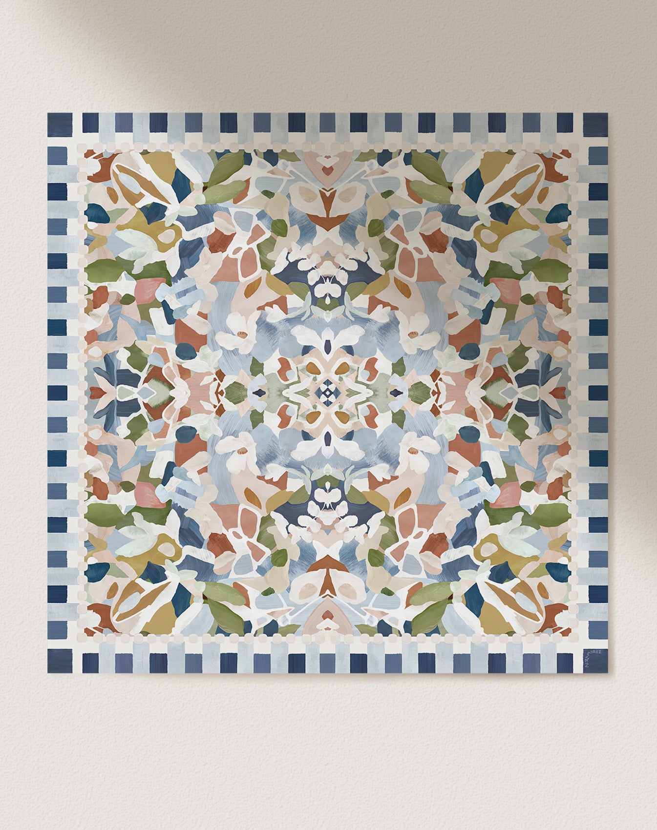 Full view of abstract and floral art print in blue, light pink, green and terracotta colors on a plain background.