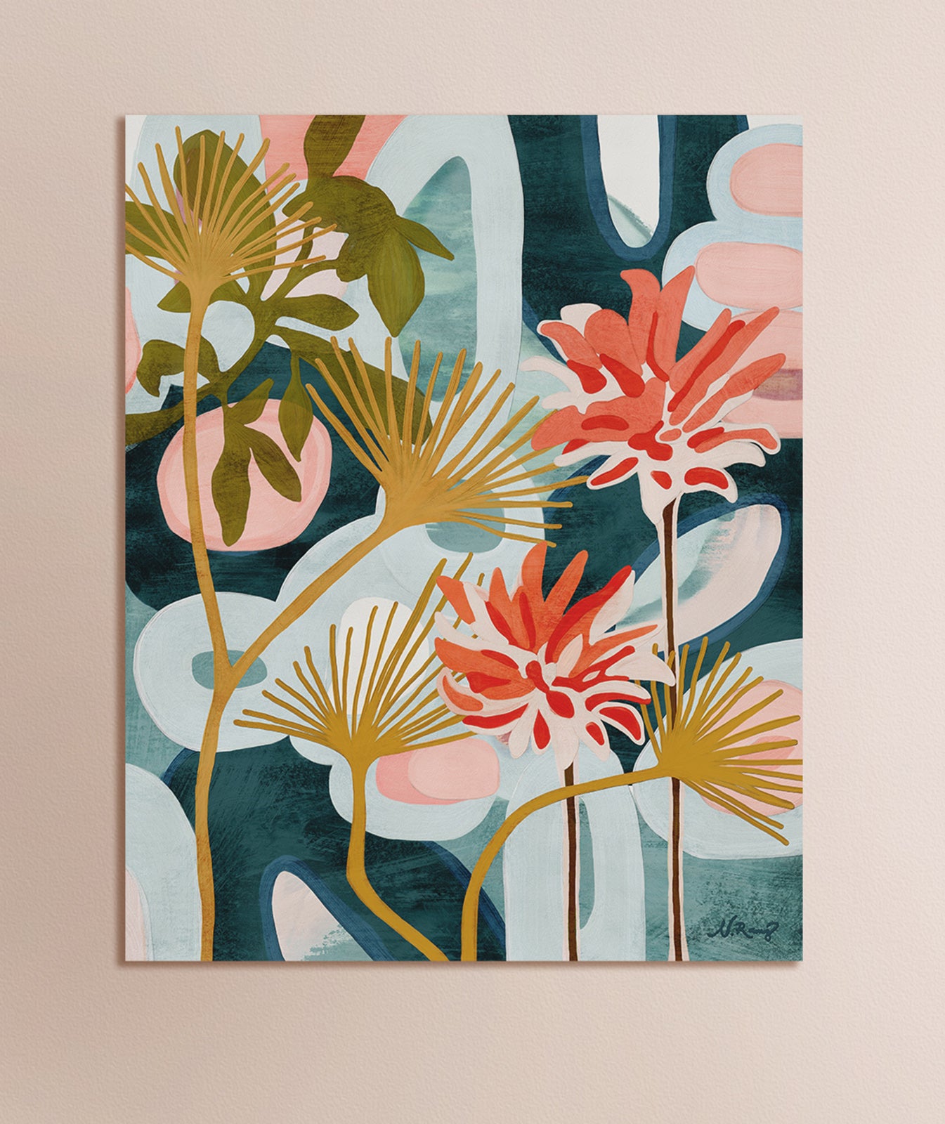 An abstract floral art print featuring red, green, yellow, light blue and dark blue colors.