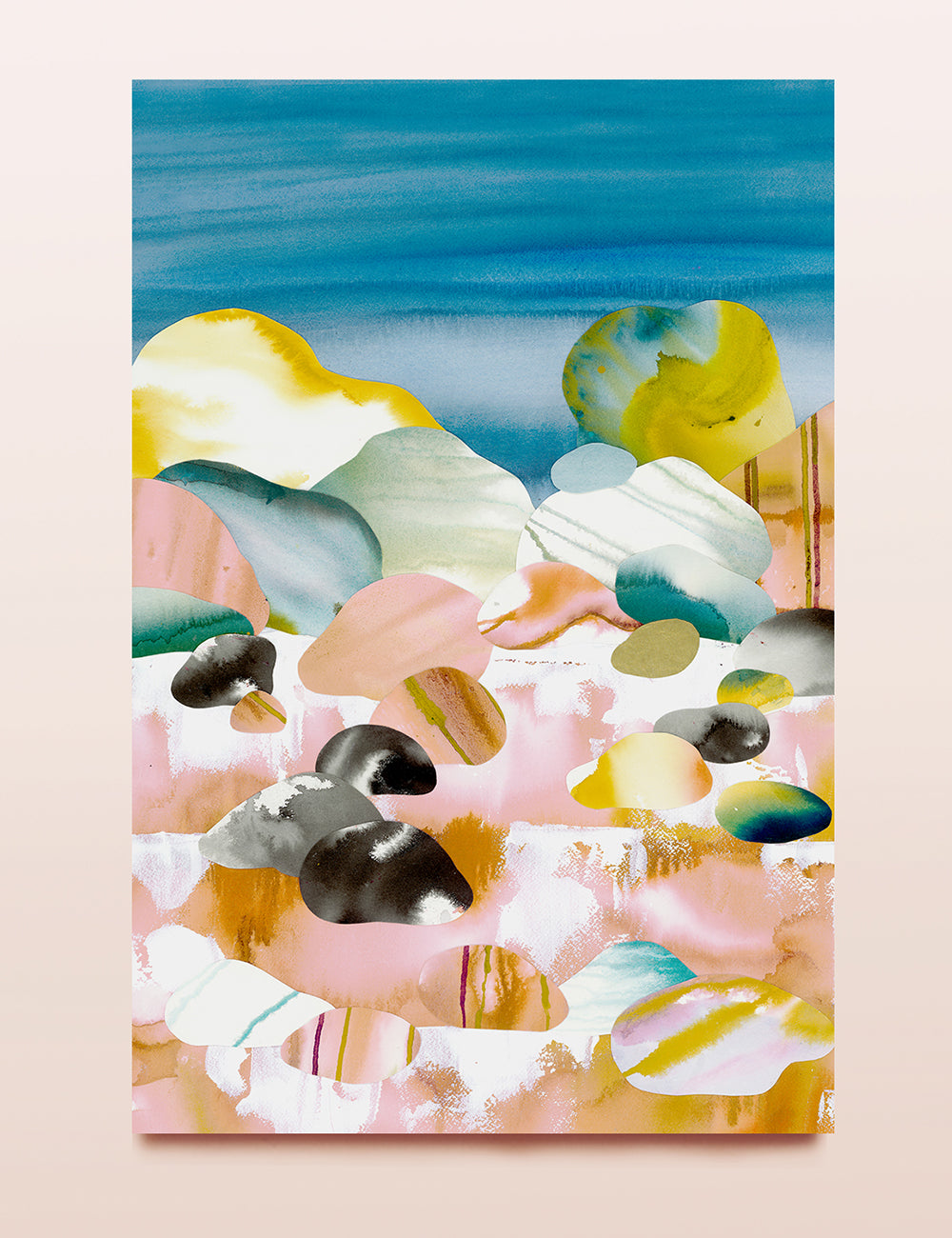 Art with watercolor rocks in light blues, pinks and yellows on a solid background.
