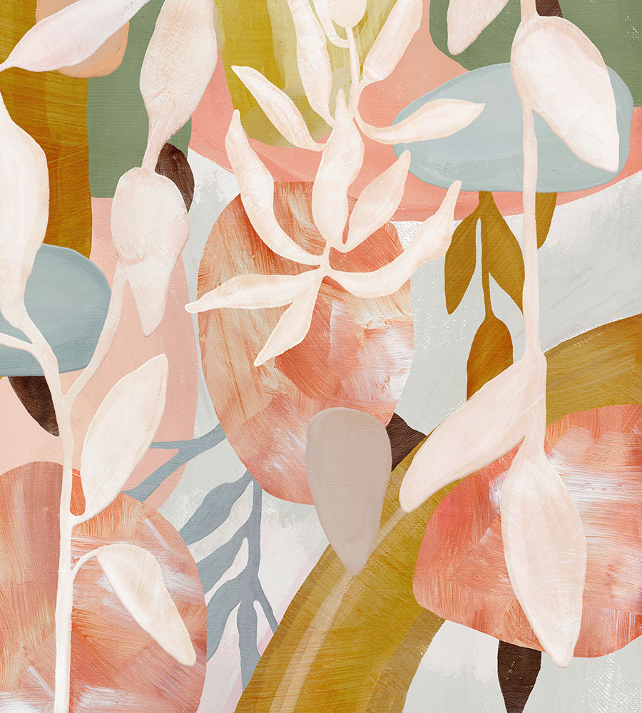 Close-up of abstract art featuring a blend of soft pink, green, and yellow tones.