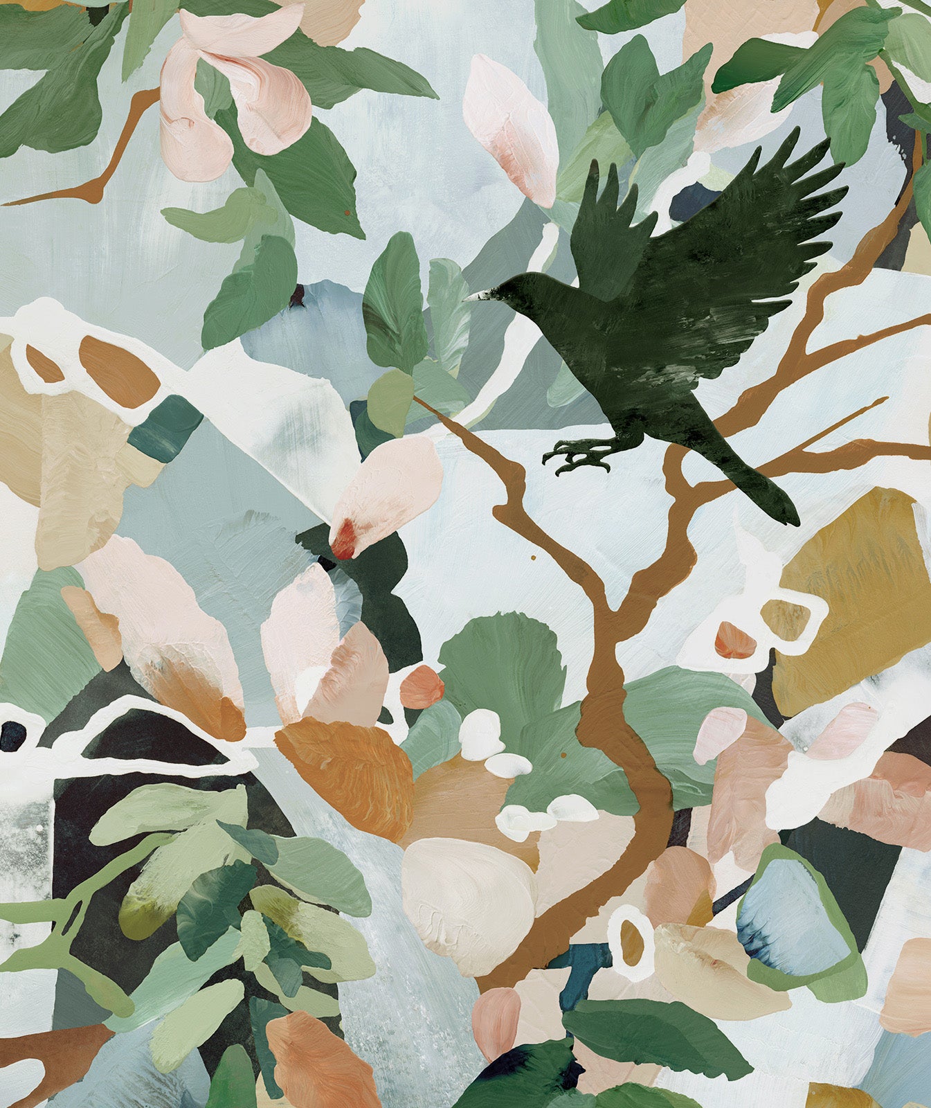 Close-up view of colorful abstract art in light blue gray, sage, pinks and orange tones.