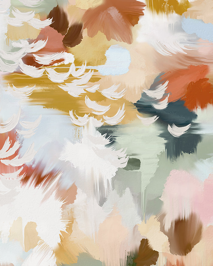 A close-up view of an abstract art print in red, turquoise, yellow, beige and sage displayed on a solid background.