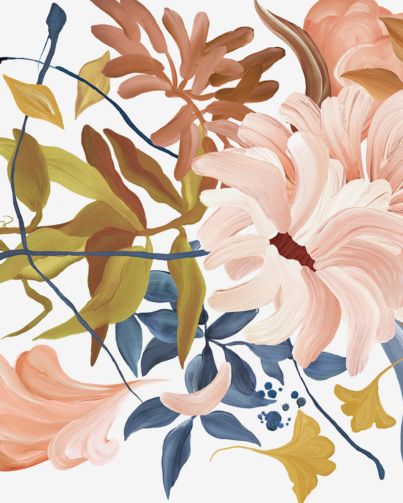A close-up of a floral abstract print in a modern style featuring pink, yellow, green and brown colors