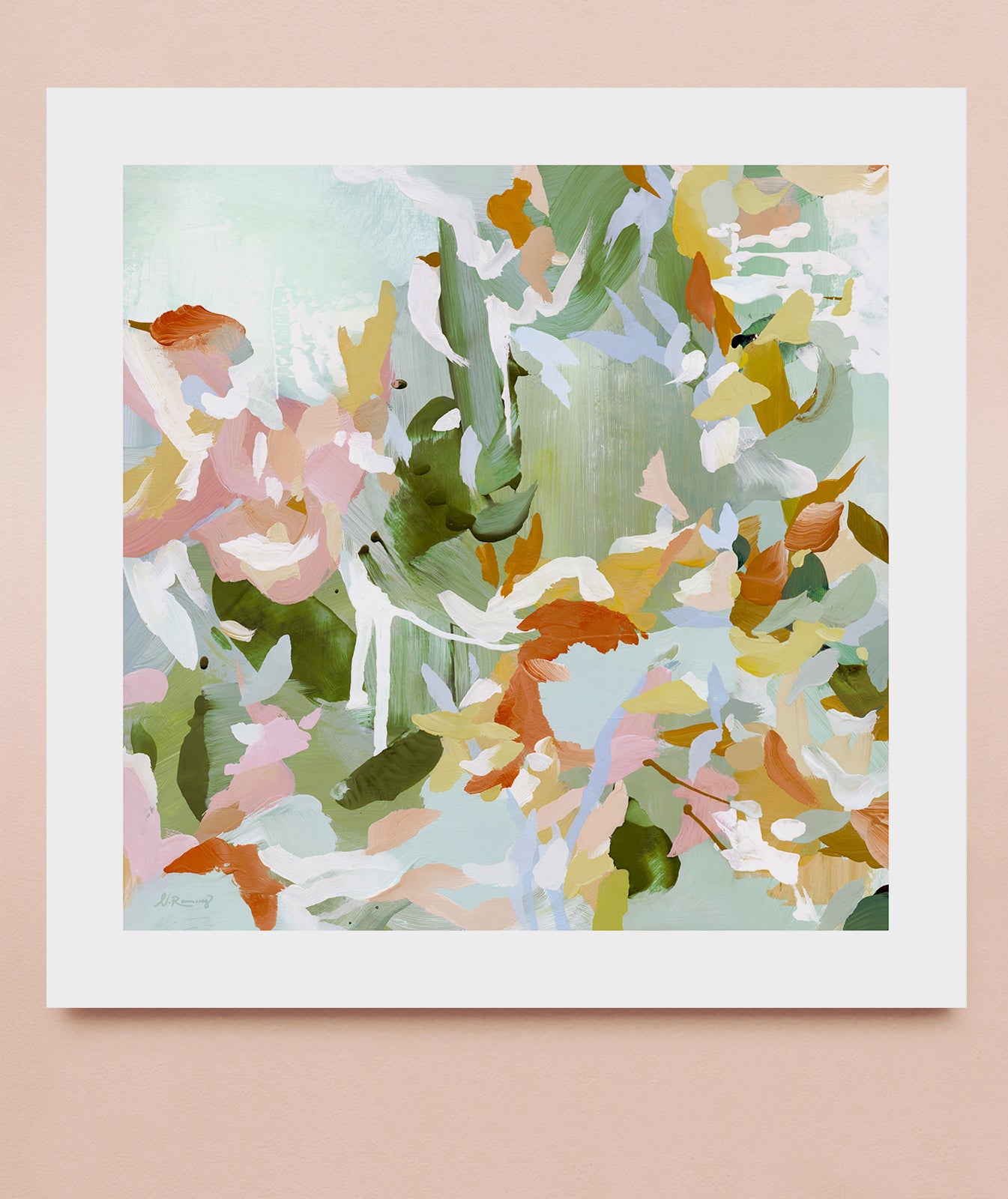 An abstract art print based on the original, acrylic artwork featuring shades of lush greens, lilac pinks, browns, yellows and burnt umber.