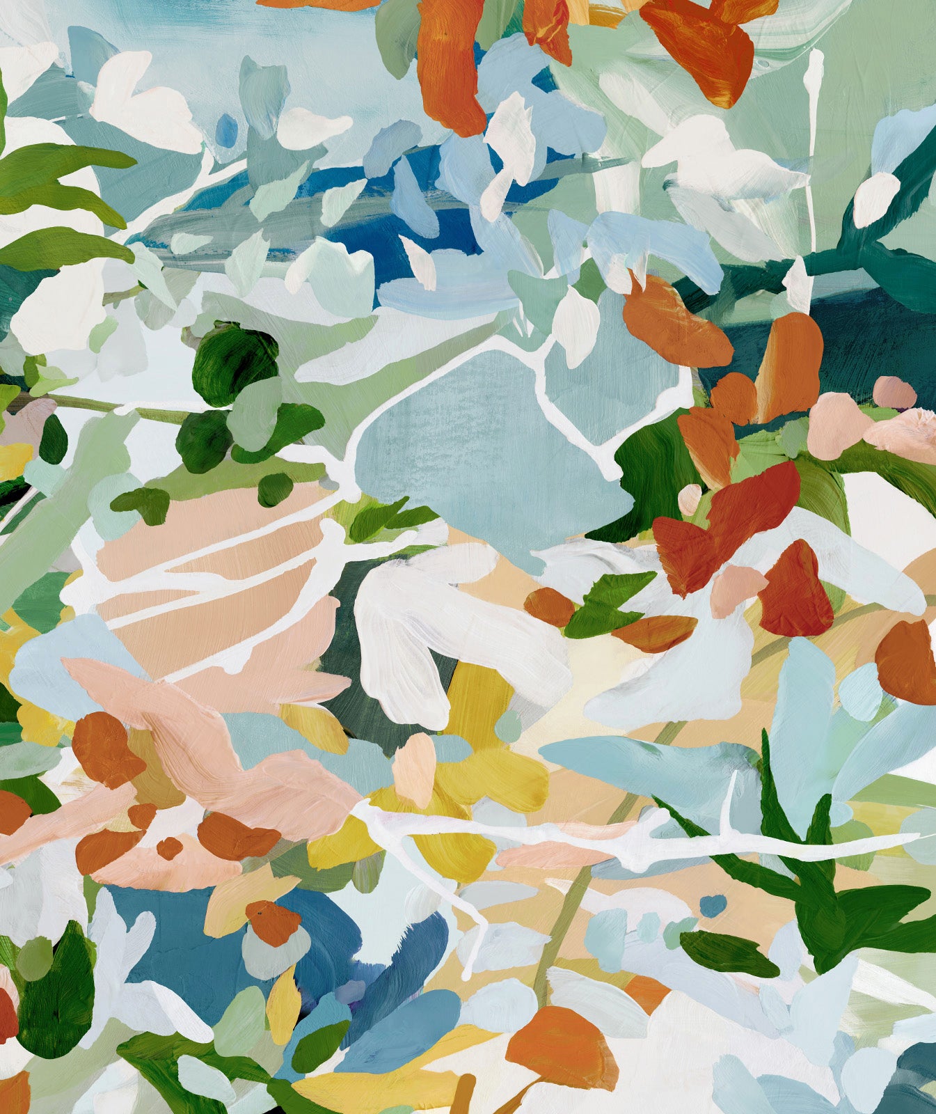 Close-up view of colorful abstract floral art print in reds, greens, blues, yellow, and pinks.