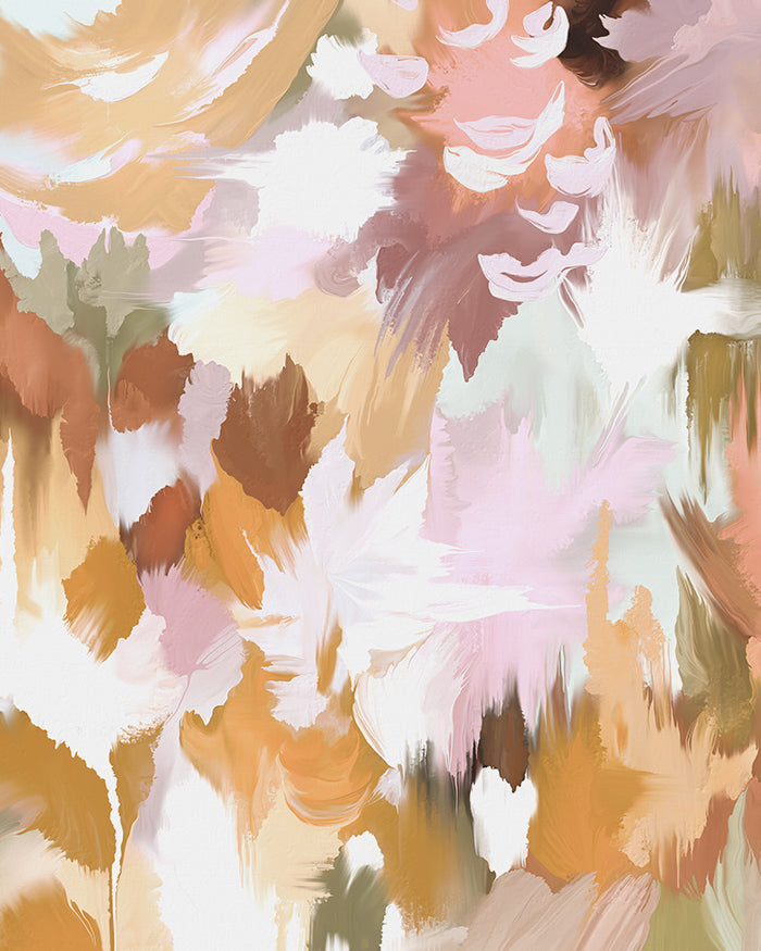 A close-up view of abstract art in orange, pink, mauve and green hues.