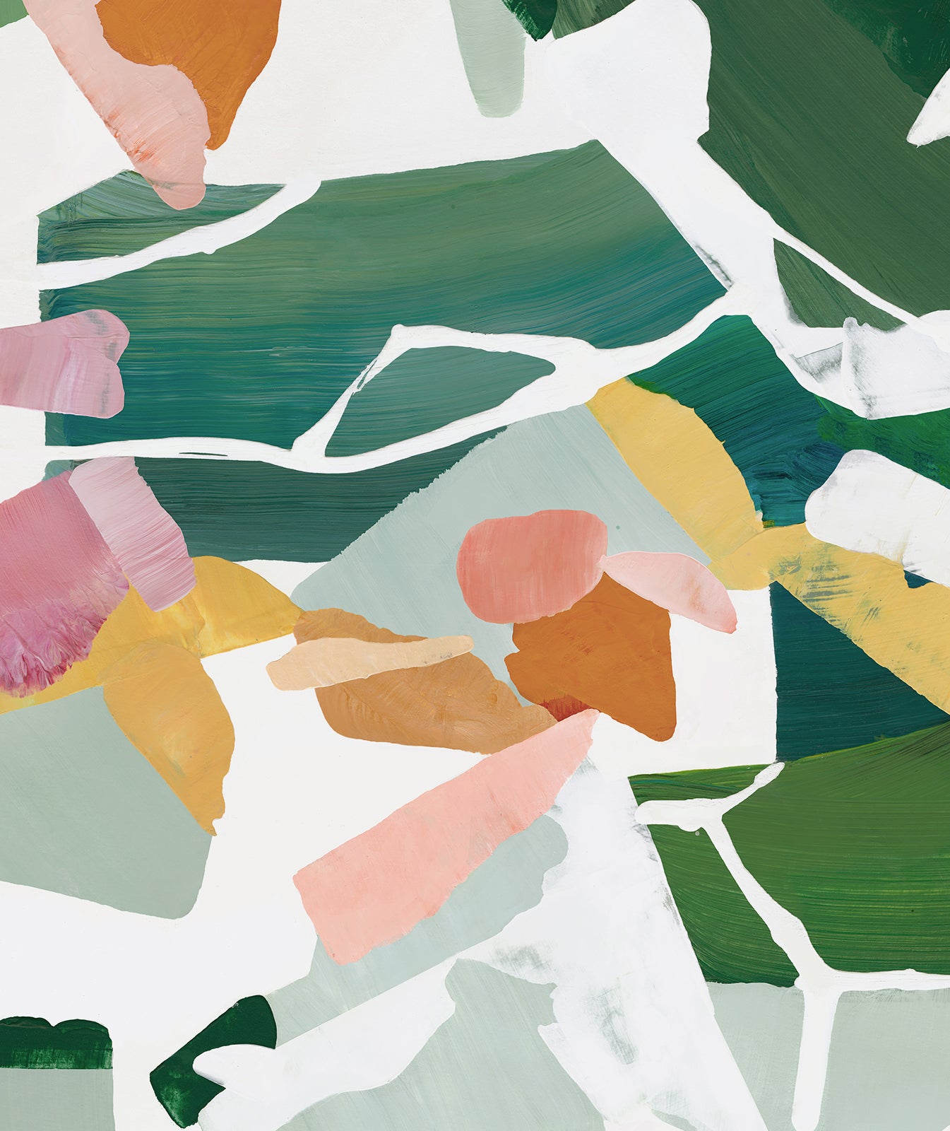 Close-up view of abstract art print in greens, orange, yellows and pink tones.
