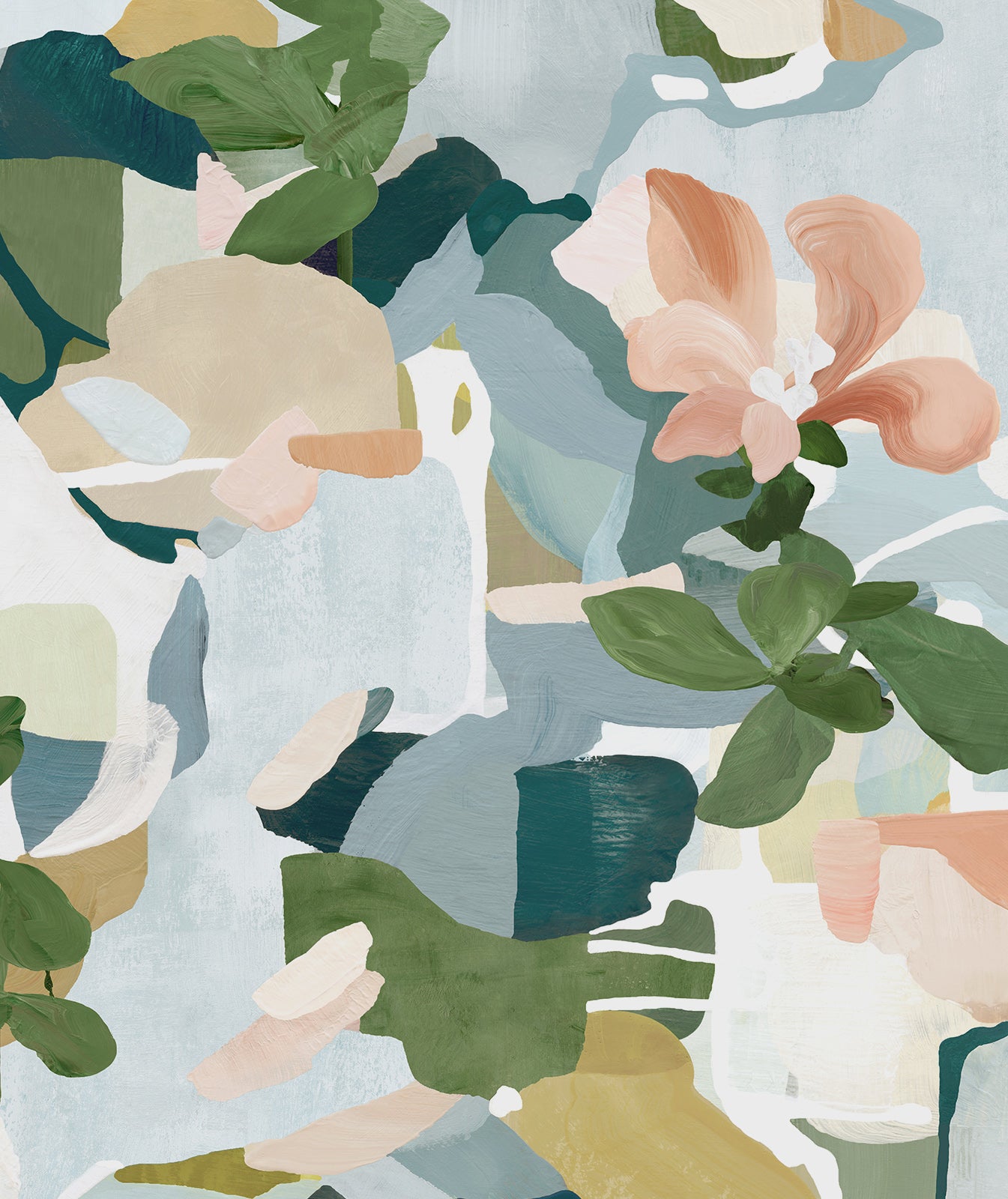 Close-up view of abstract floral art in light blue gray, greens, pinks and yellows.
