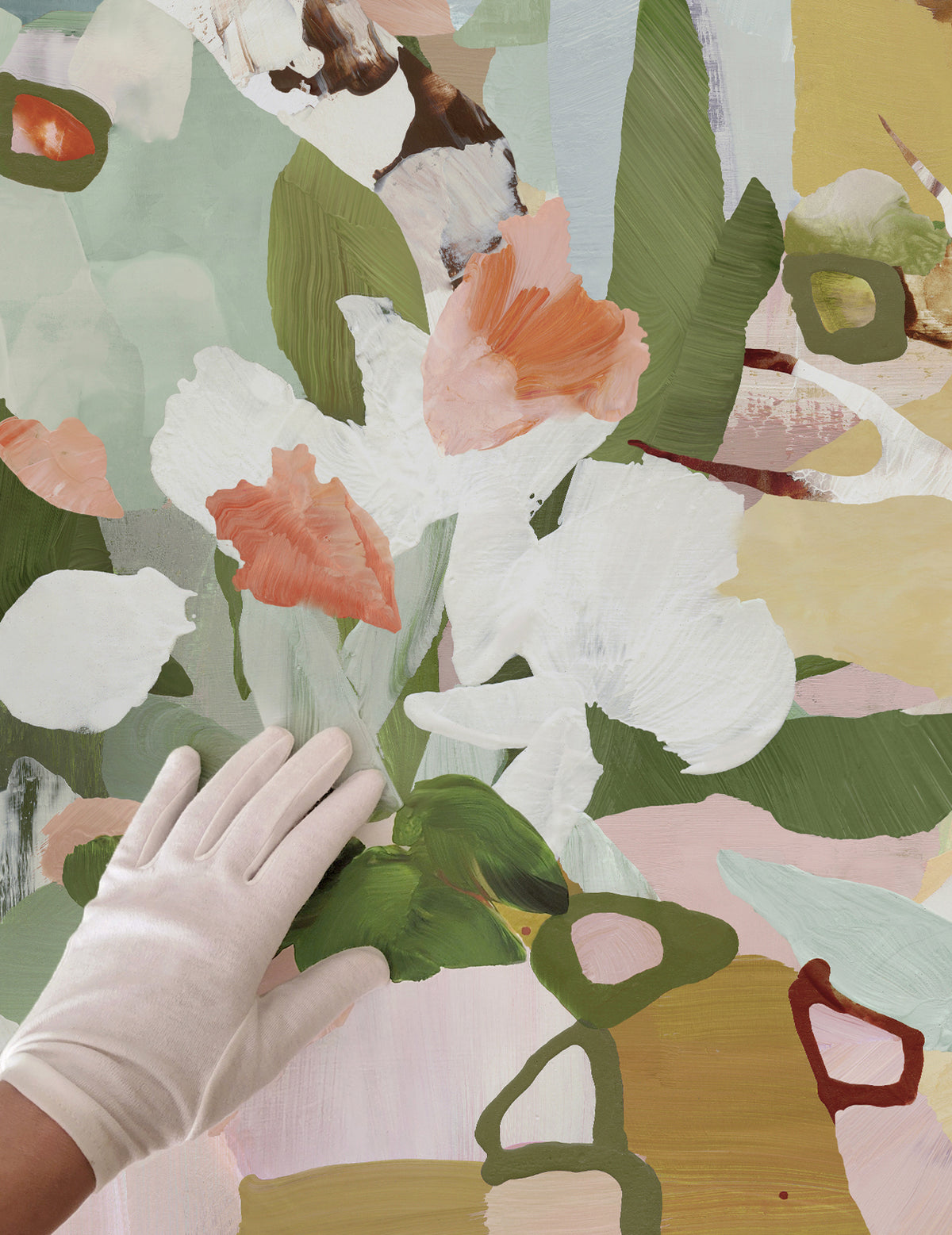 A close-up of the artwork titled Evening Hideaway with a hand wearing a white glove touching the art print which features pink and white floral elements, green leaves and abstract lines.