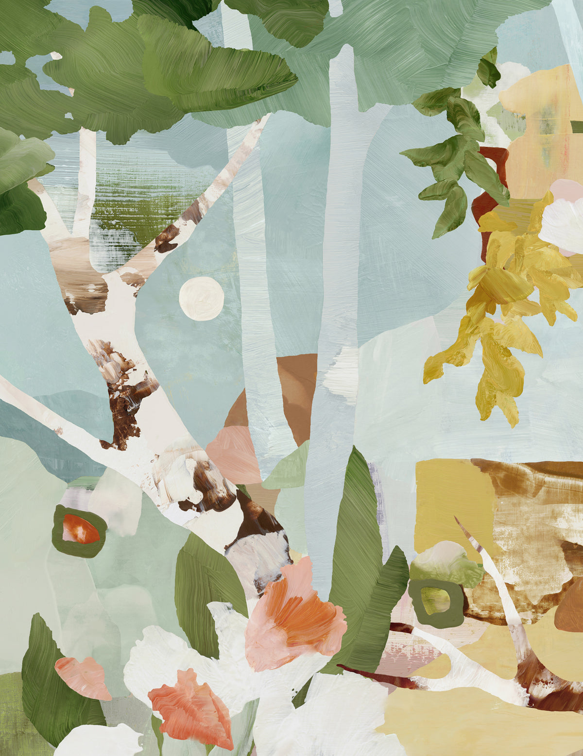 A cropped close-up view of the artwork depicting a semi-abstract a wild garden with white and pink florals, birch tree branches, a full moon in the distance, green leaves, and soft pastel background colors in mint green, muted yellow and light muted blues.