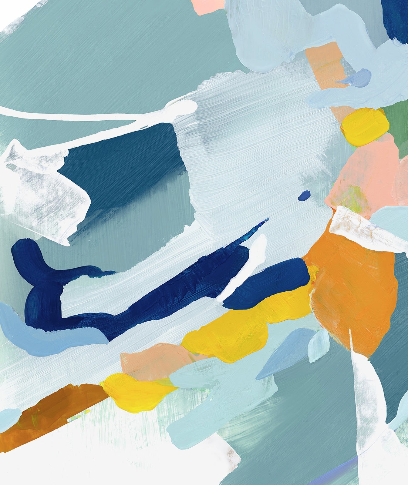 Close-up view of abstract art with blue, yellow, and orange brush strokes on a light blue background.