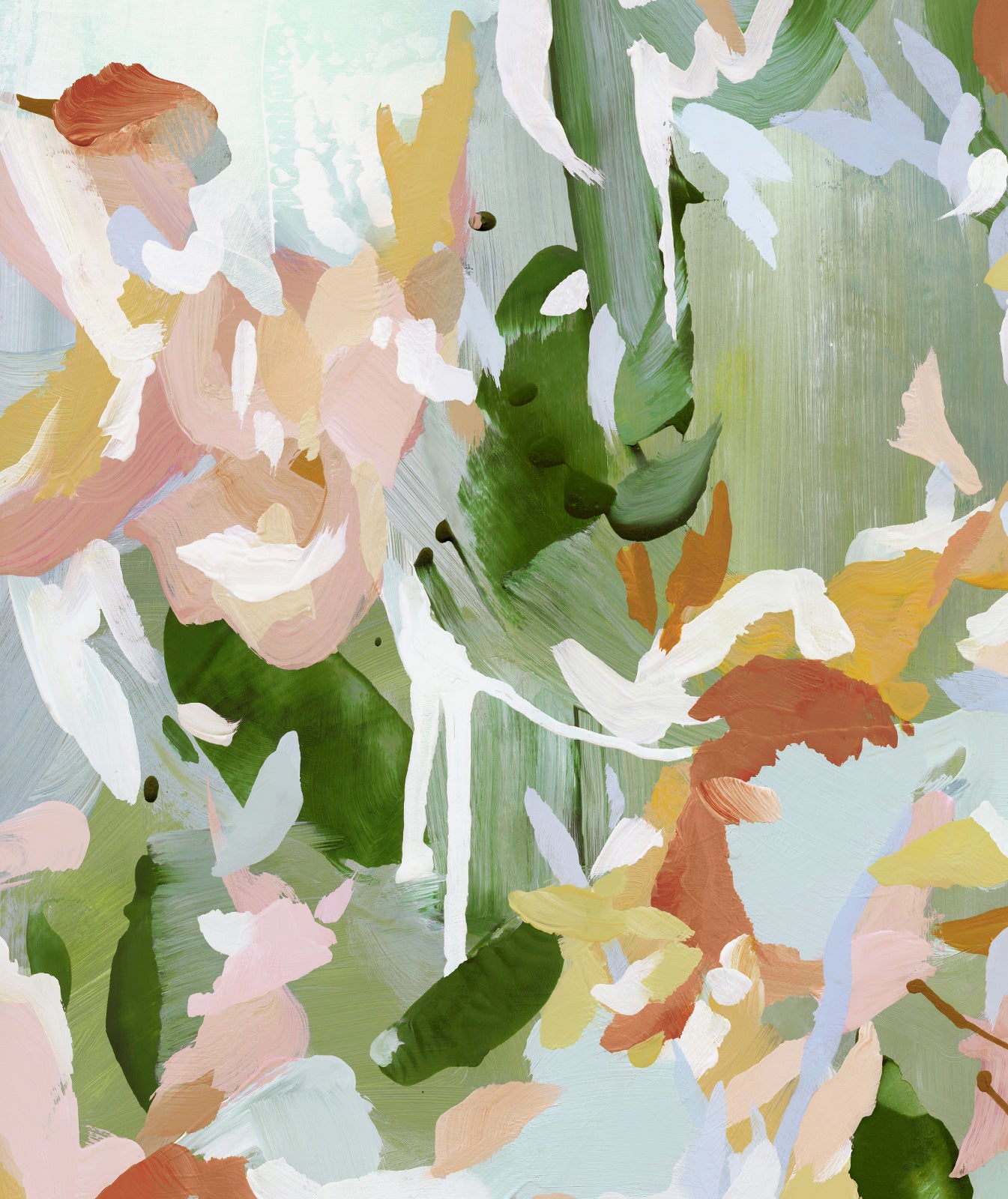 Close-up view of abstract artwork with layered brushstrokes in greens, burnt umber, and pinks, representing plant life.