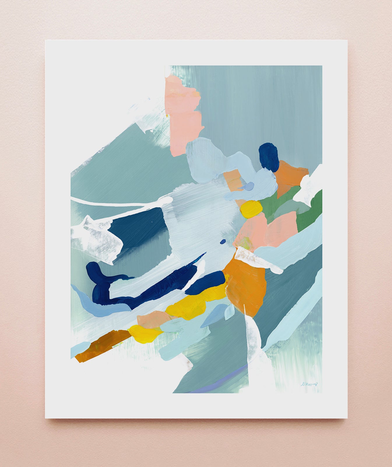 Abstract art print with colorful strokes in light blue, pink, yellow and orange on a solid light pink background.