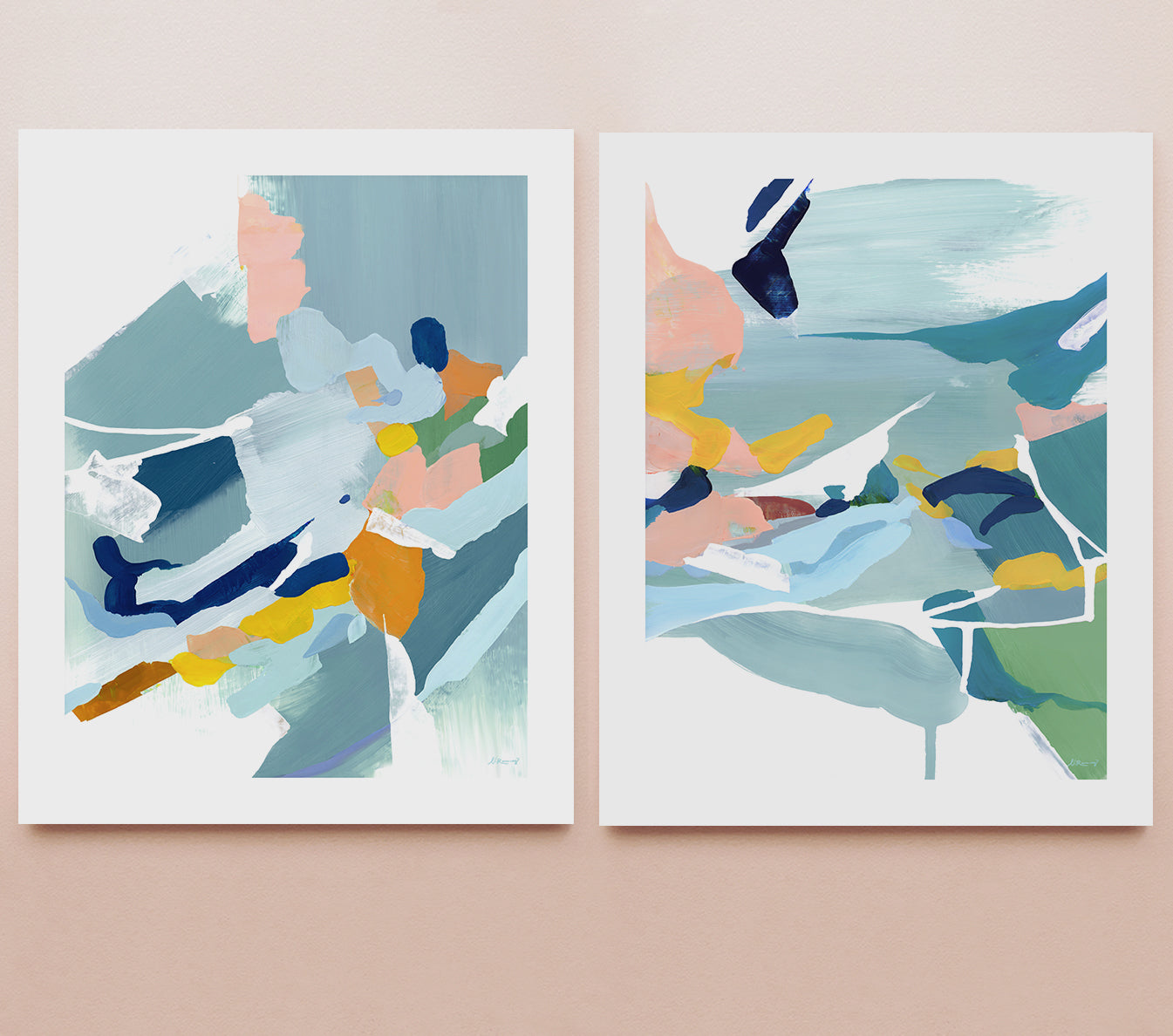 Abstract diptych, ocean beach art in blues, pinks, yellows and turquoise.