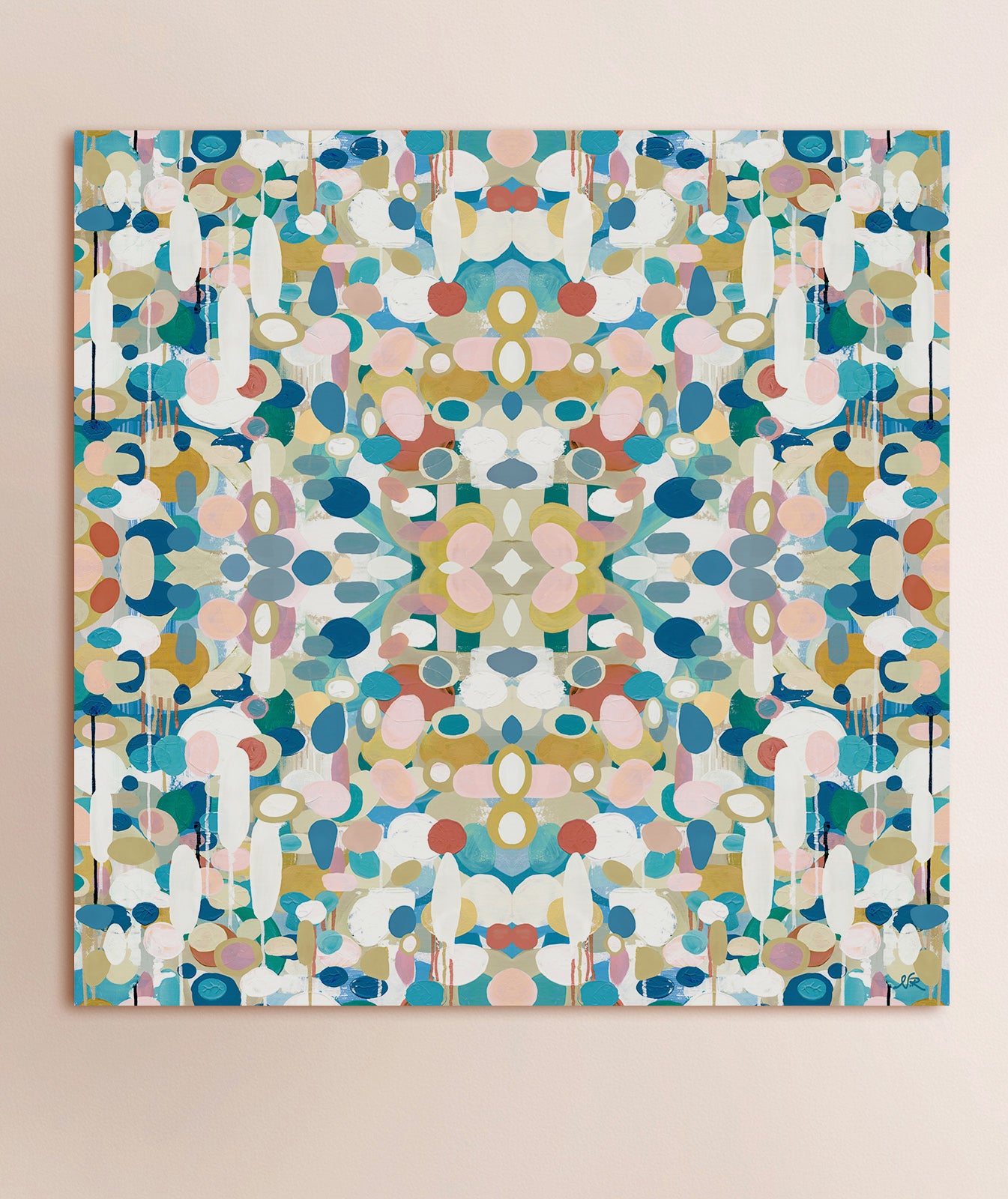 A colorful abstract fine art print with a kaleidoscopic design in turquoise blue, navy blue, red, pink and yellow tones displayed against a solid background.