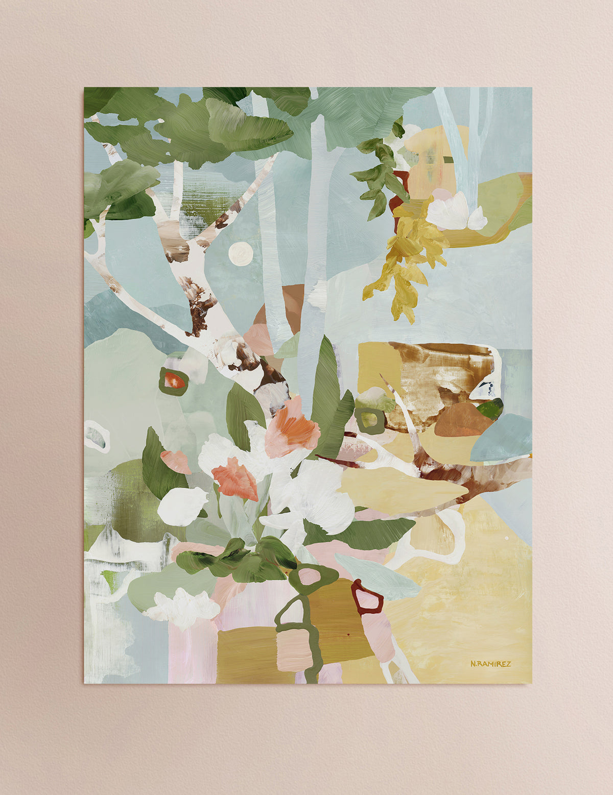 A full view of the artwork on paper titled Evening Hideaway depicting a wild garden with white and pink florals, birch tree branches, a full moon in the distance, green leaves, and soft pastel background colors in mint green, muted yellow, light muted blues displayed against a light pink background.