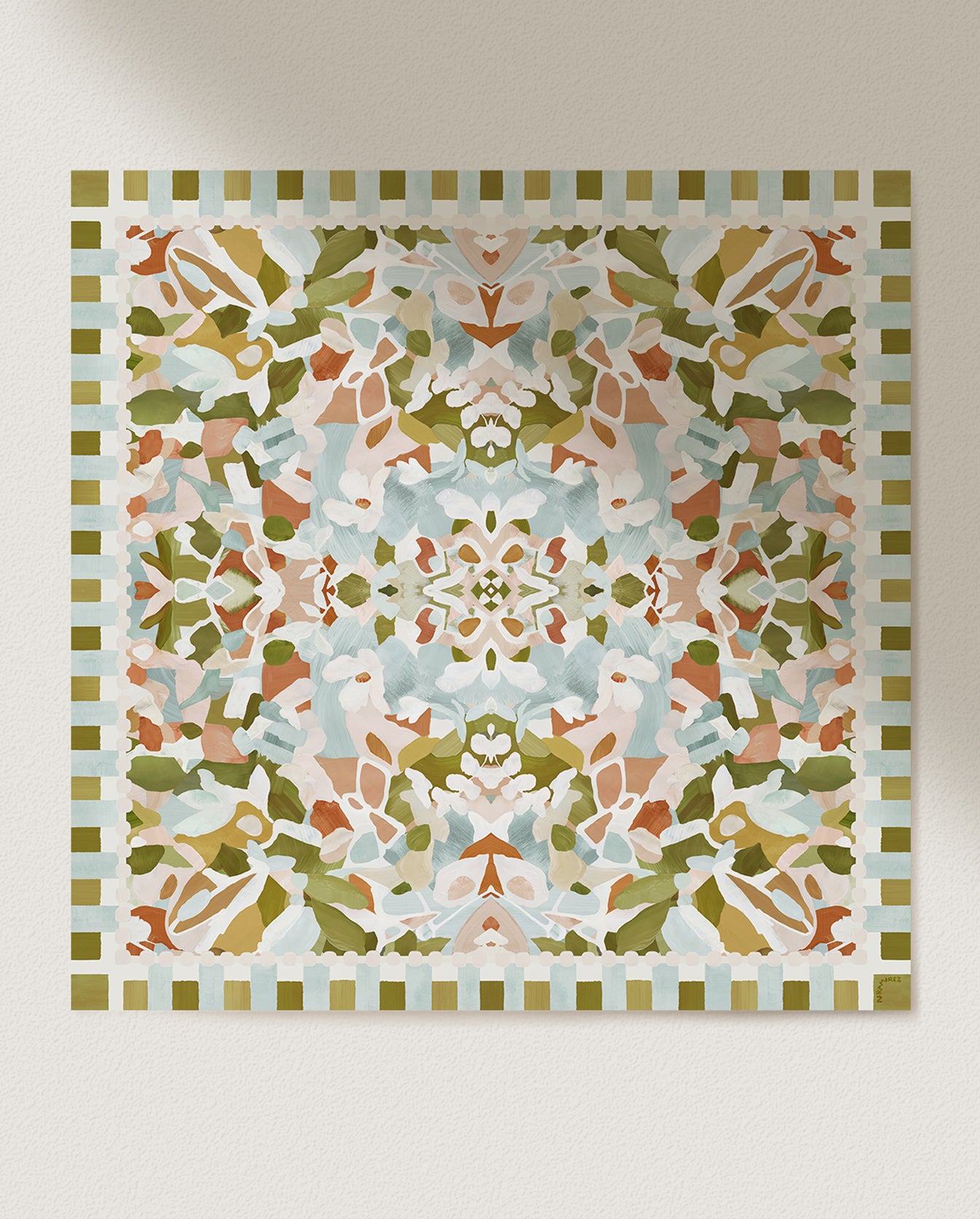 Full view of fine art print with an abstract and floral pattern in olive green, light pink, light blue and terracotta tones on a plain background.