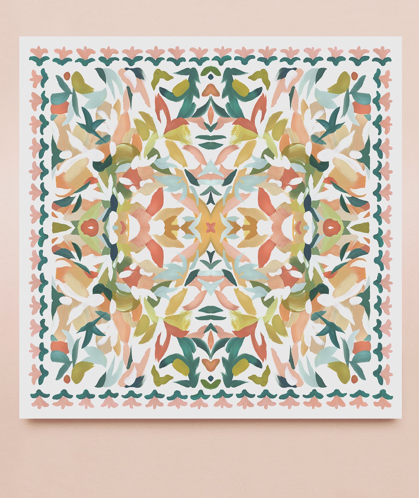 A kaleidoscopic, abstract art print in various shades of green, muted red, pink, blue and beige, the artwork also has a decorative floral border.