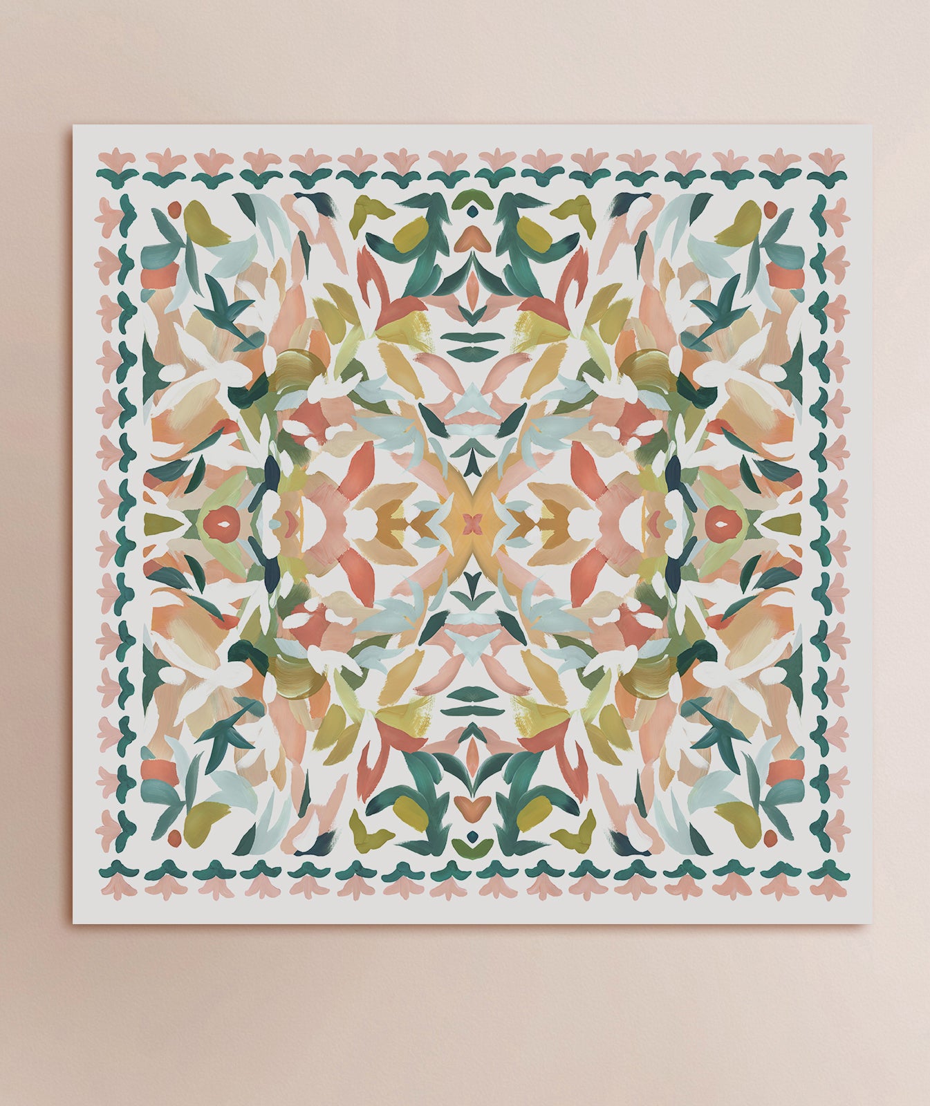 A kaleidoscopic art print featuring turquoise, green, pink and red colors with abstract floral elements displayed on a solid background.