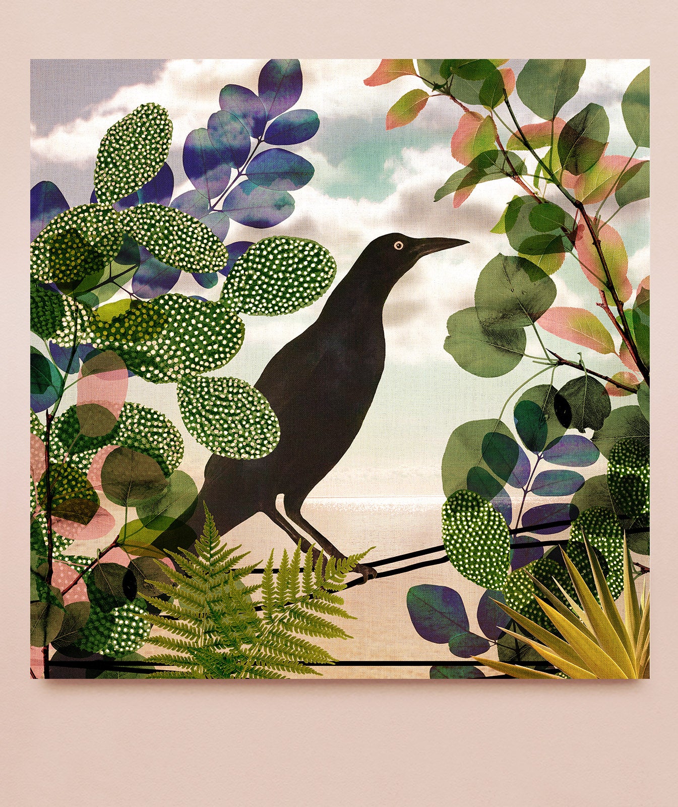 Artwork of a black bird surrounded by tropical plants. 