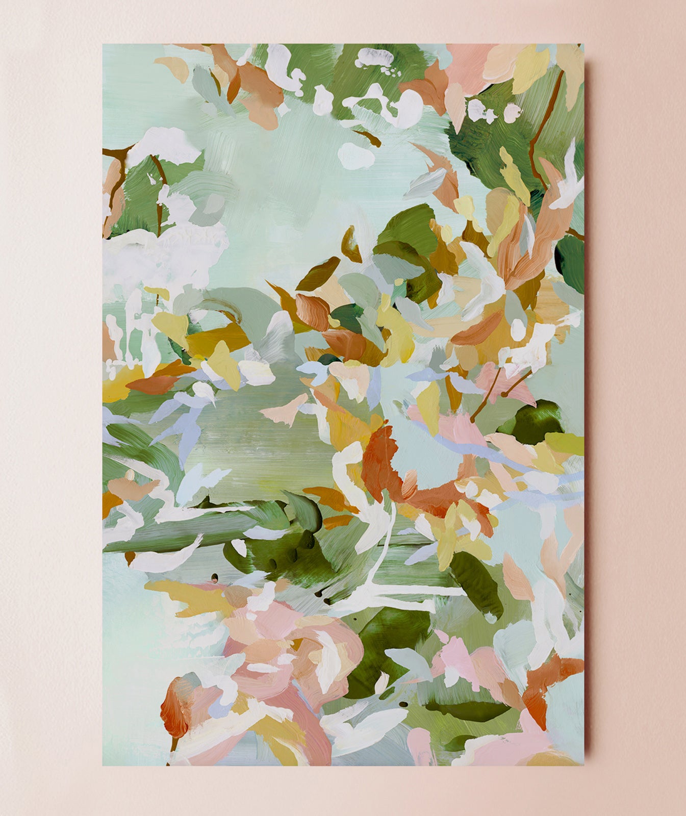 Abstract painting in lush greens, pinks, burnt umber, browns and yellows.