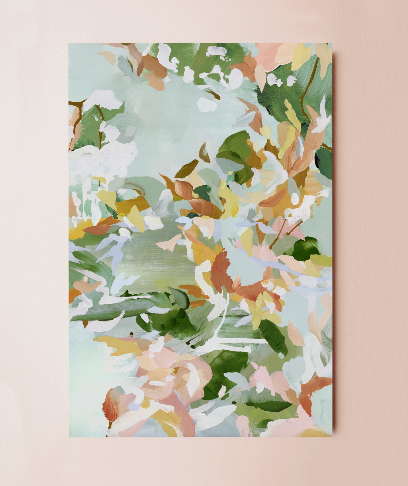Abstract artwork with layered brushstrokes in greens, burnt umber, and pinks, representing plant life.