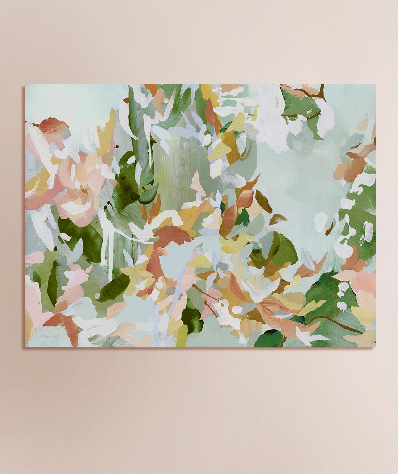 Abstract artwork with layered brushstrokes in greens, burnt umber, and pinks, representing plant life.