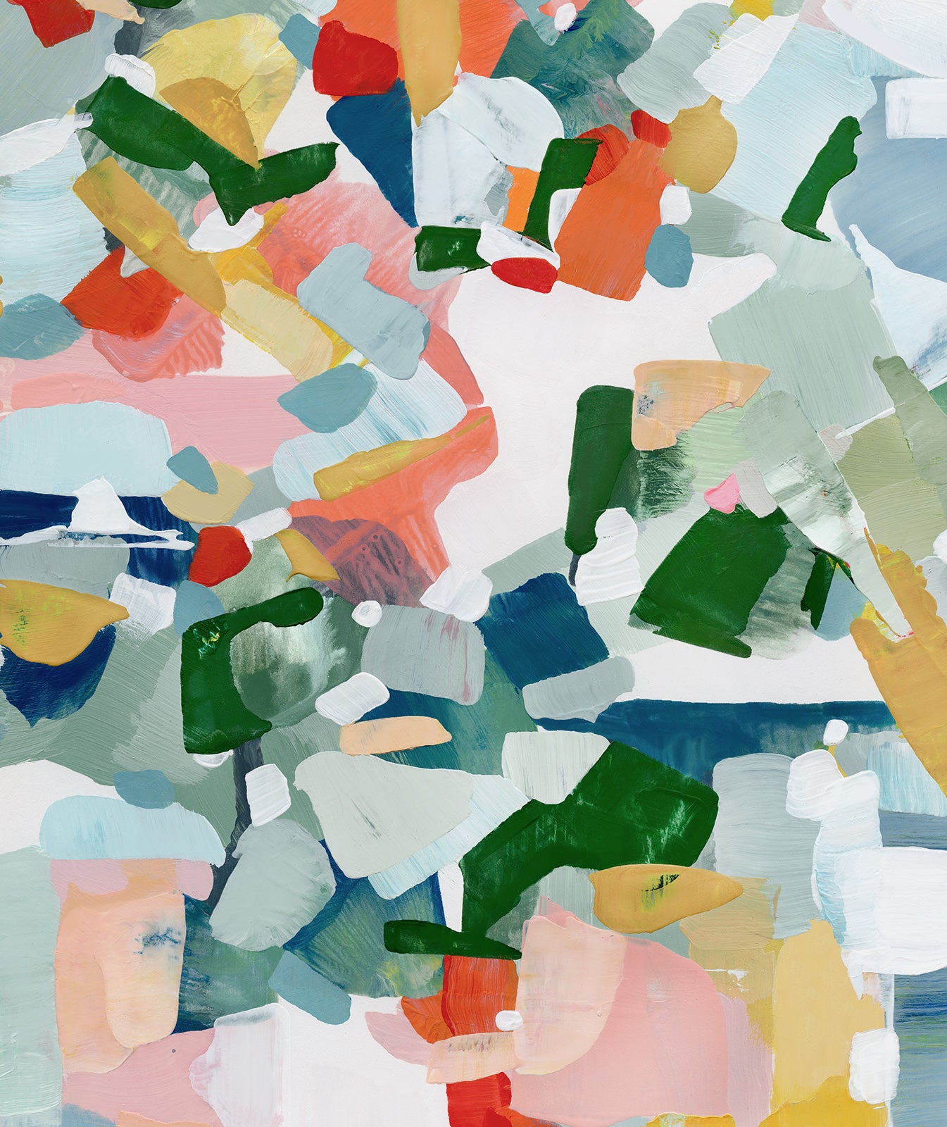 A close-up view of an abstract art print in blue, red, yellow, pink, orange and green.