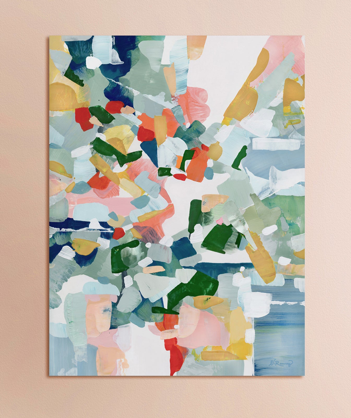 A large abstract art print in blue, red, yellow, pink, orange and green displayed on a solid background.
