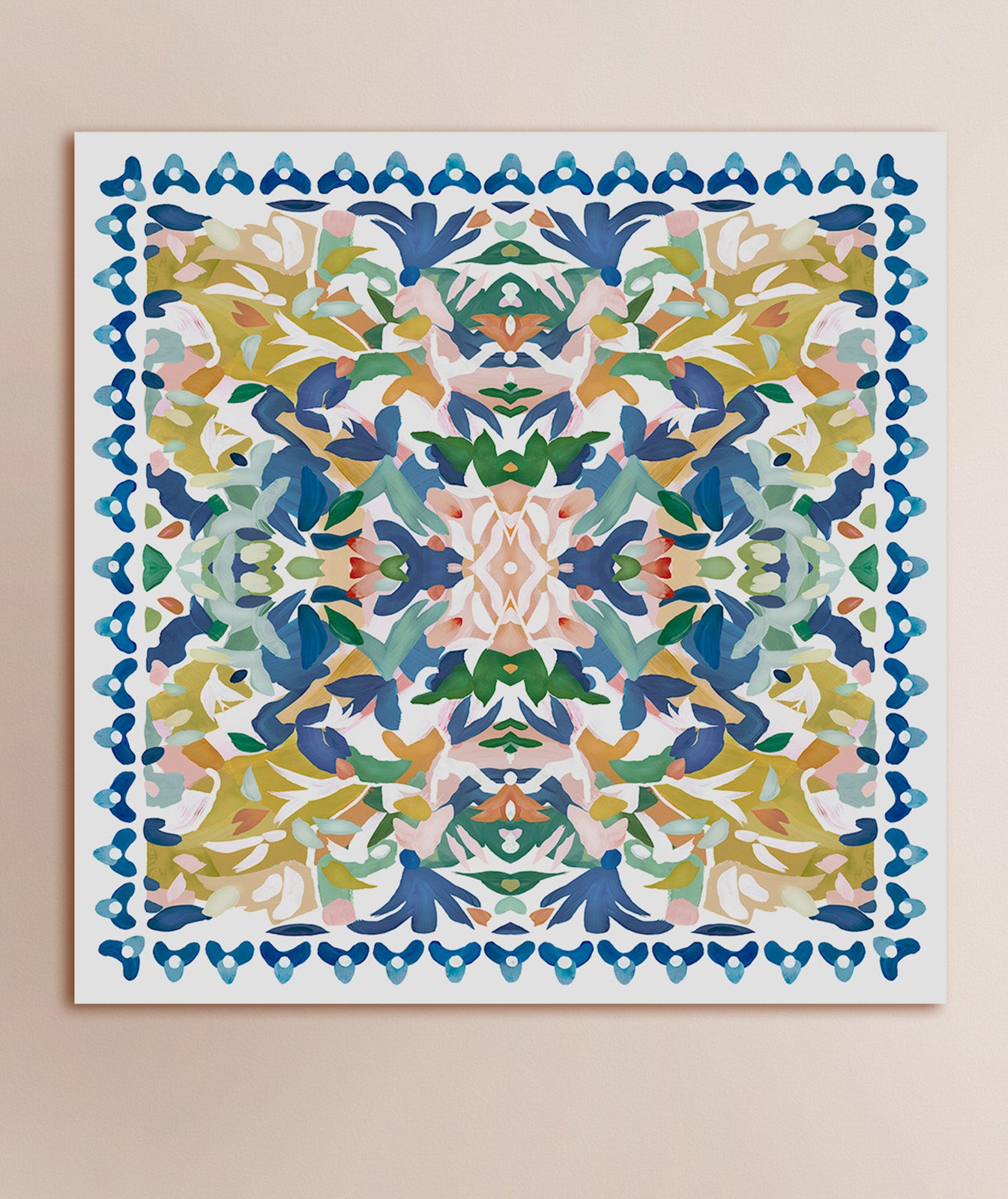 A kaleidoscopic art print with an abstract design featuring vivid shades of blue, chartreuse yellow, orange and pinks.