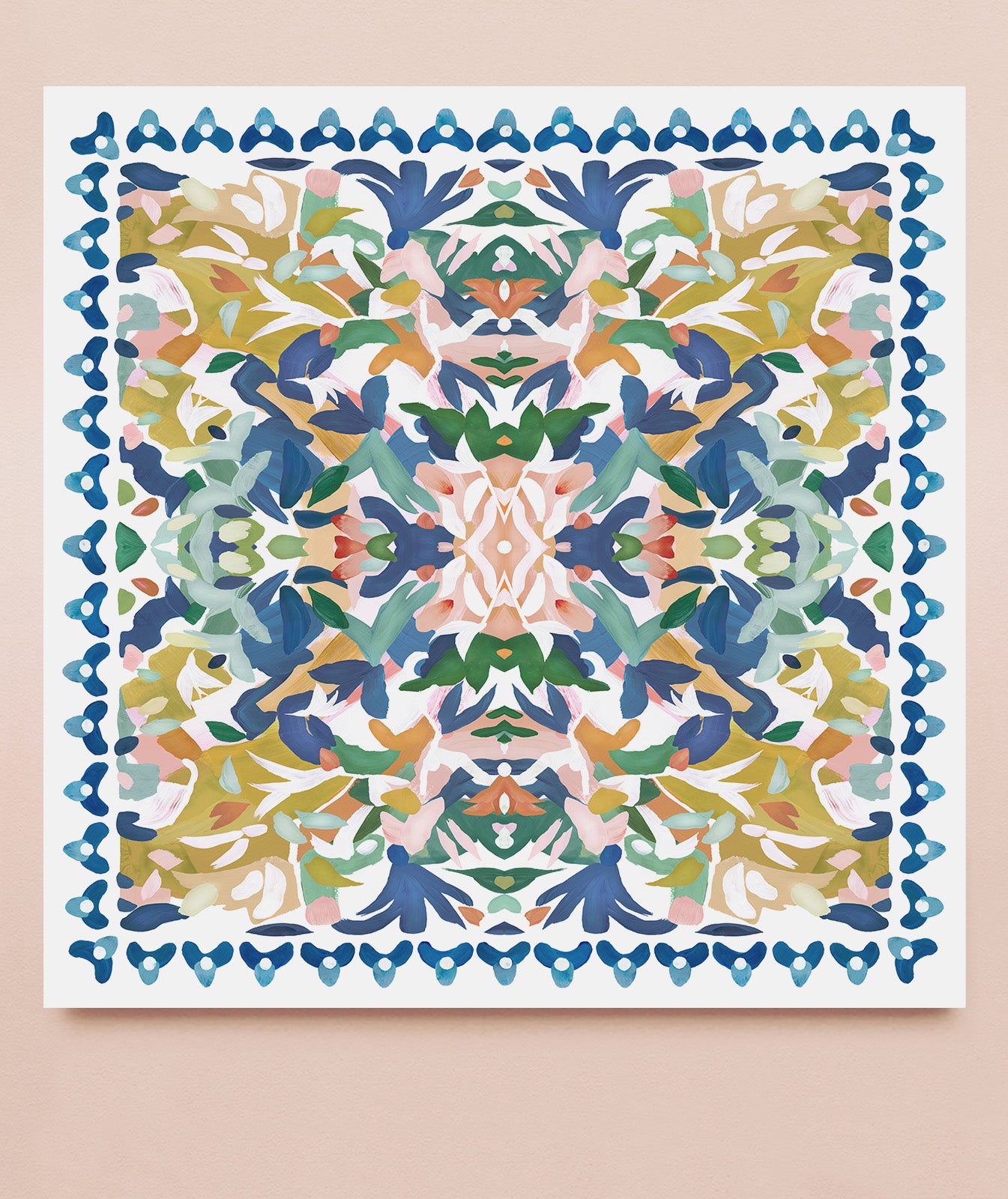 A kaleidoscopic art print with an abstract design featuring vivid shades of blue, chartreuse yellow, orange and pinks.