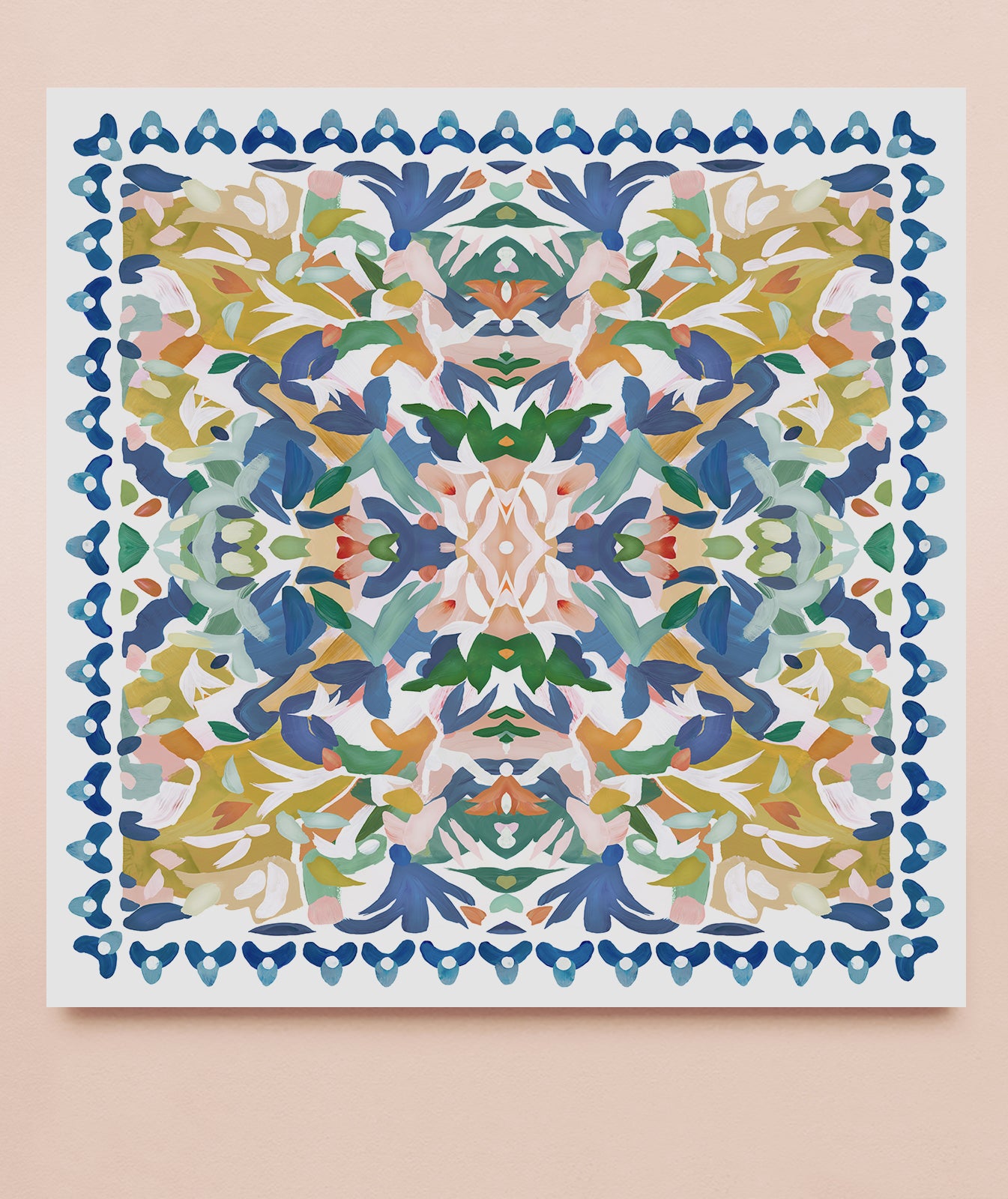 A kaleidoscopic art print with an abstract design featuring shades of blue, chartreuse yellow, orange and pinks.