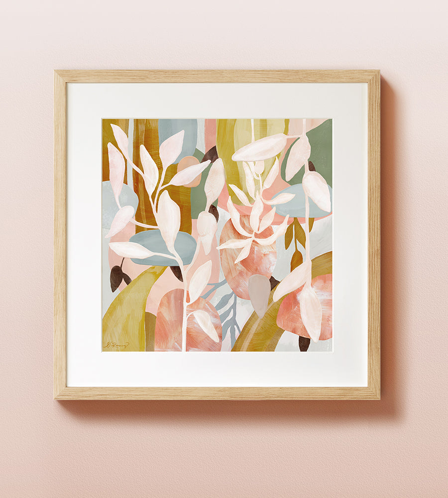 A framed fine art print with a colorful abstract design, featuring a blend of soft pink, green, and yellow tones displayed on a solid background.