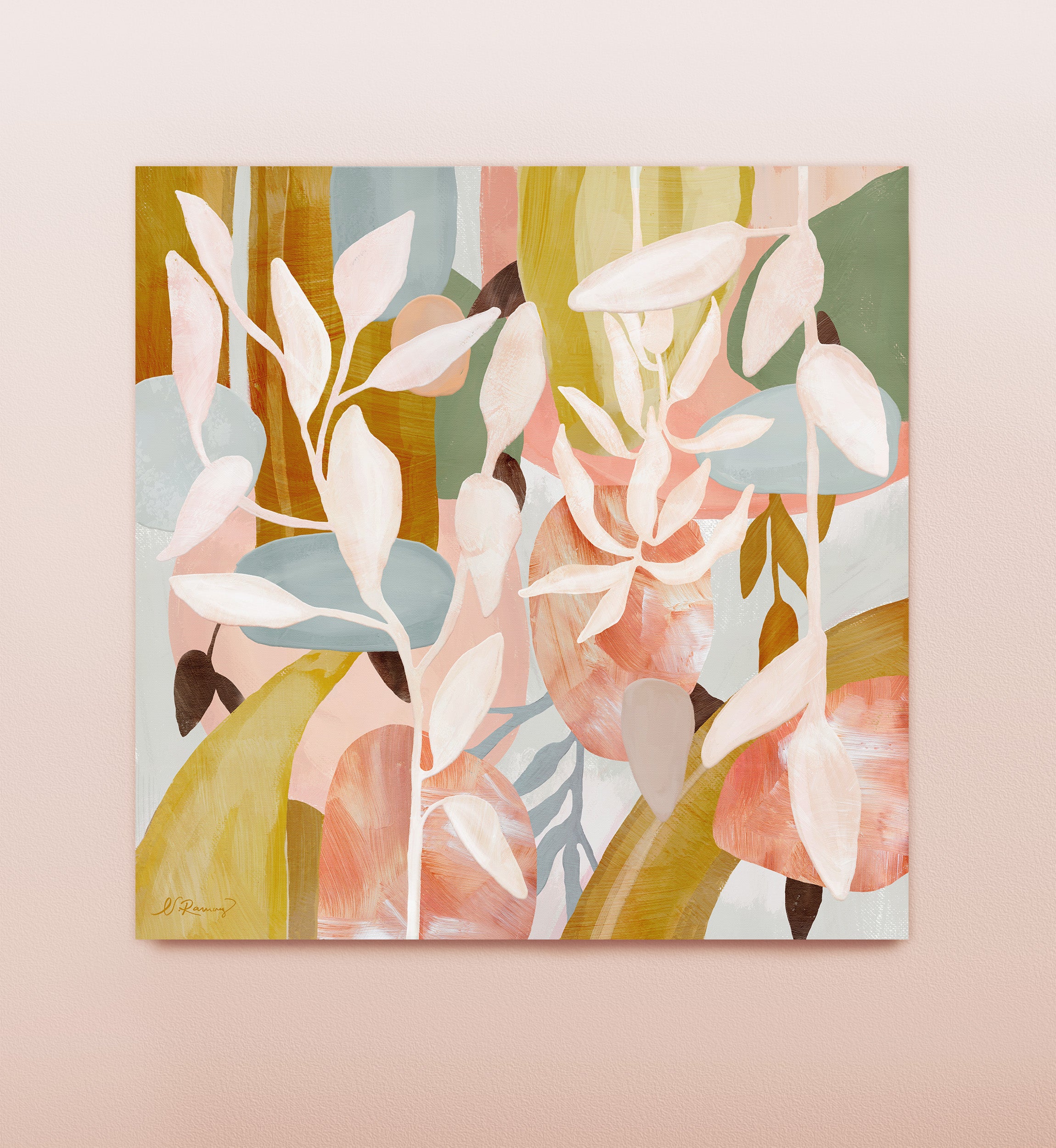 Abstract art featuring a blend of soft pink, green, and yellow tones displayed on a solid background.
