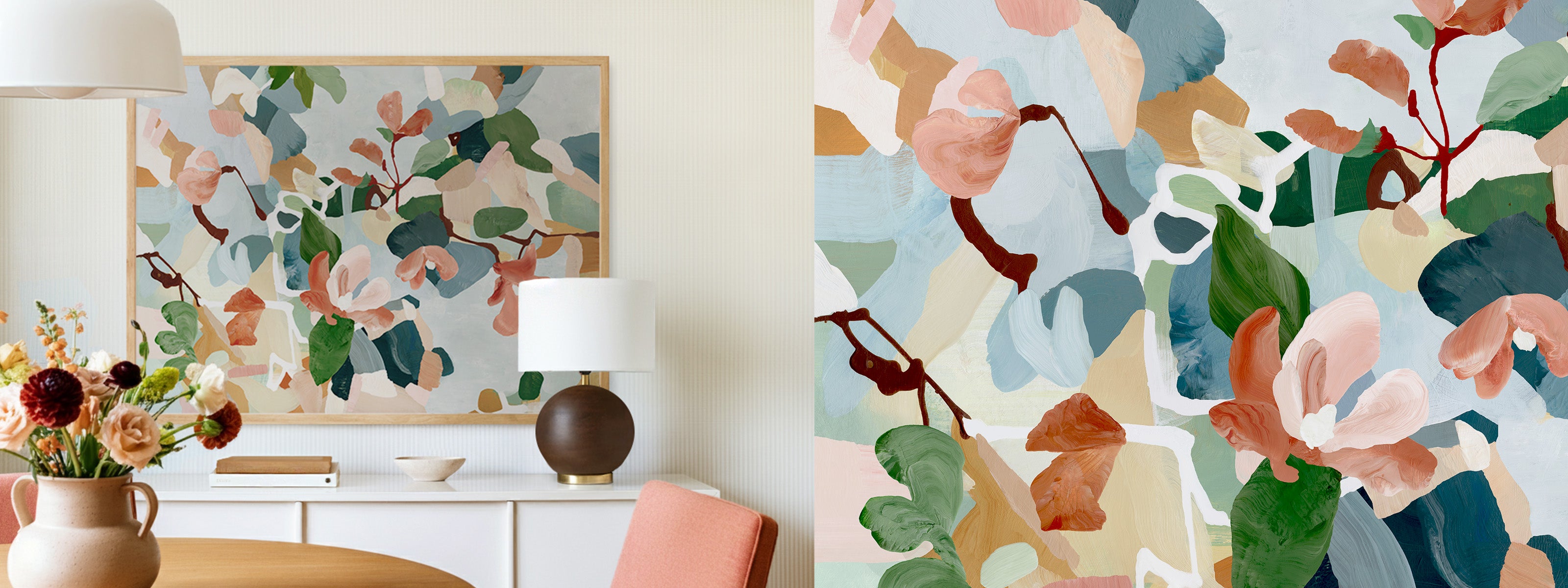 Colorful floral art decor featured in a modern living room space.