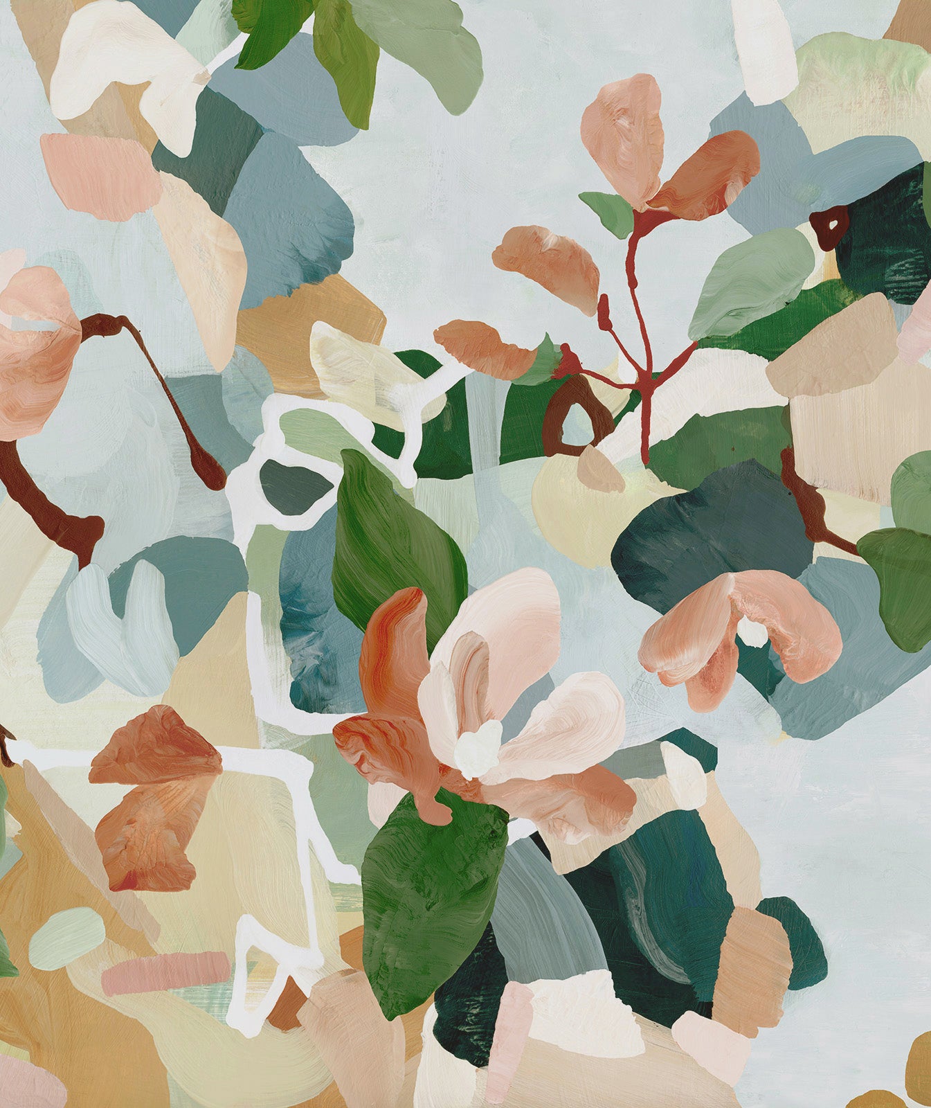 Close-up view of abstract floral art with blues, greens and soft red colors.